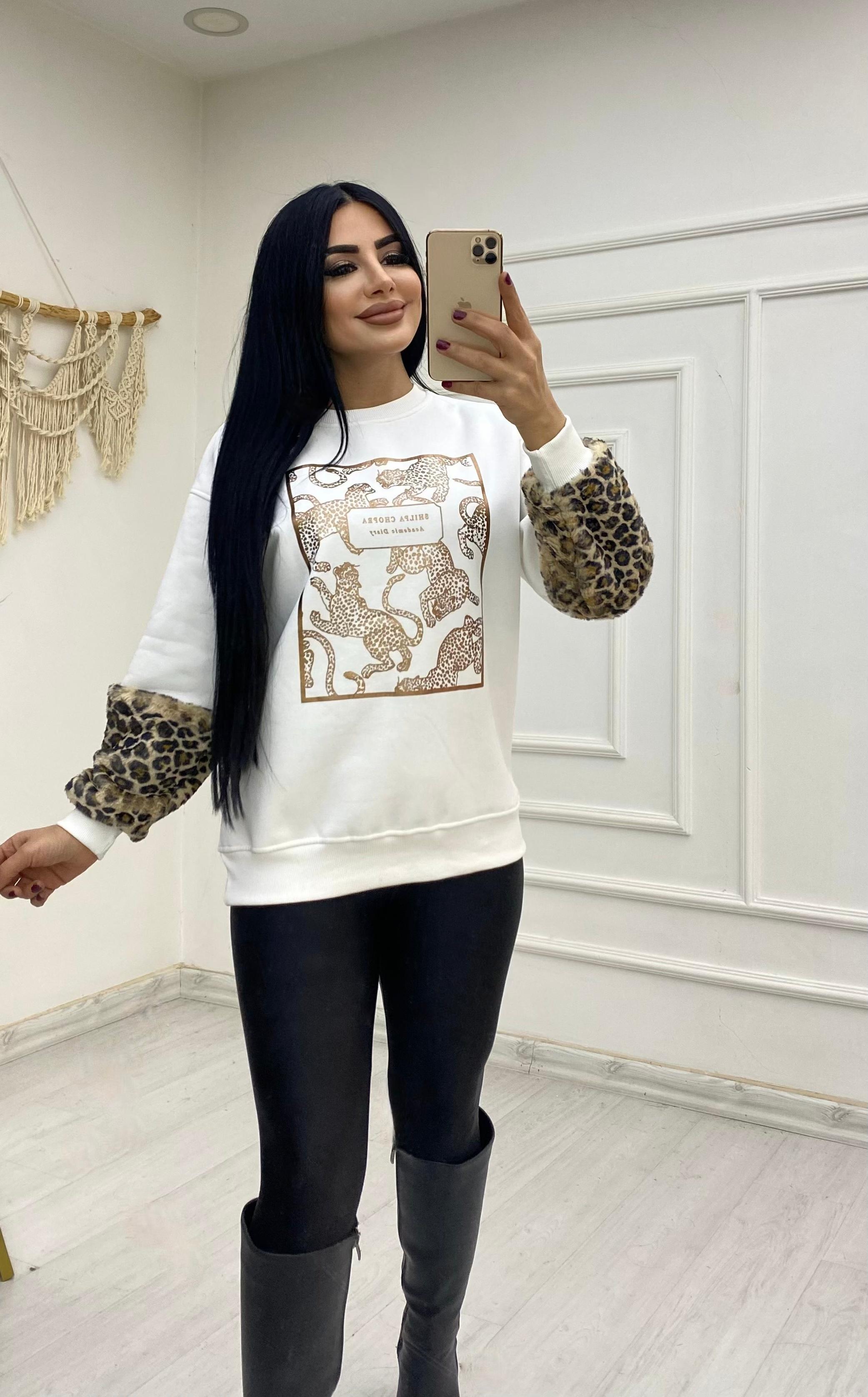 Krem Kolları Yumoş  Kürklü Leopar Desenli Sweat