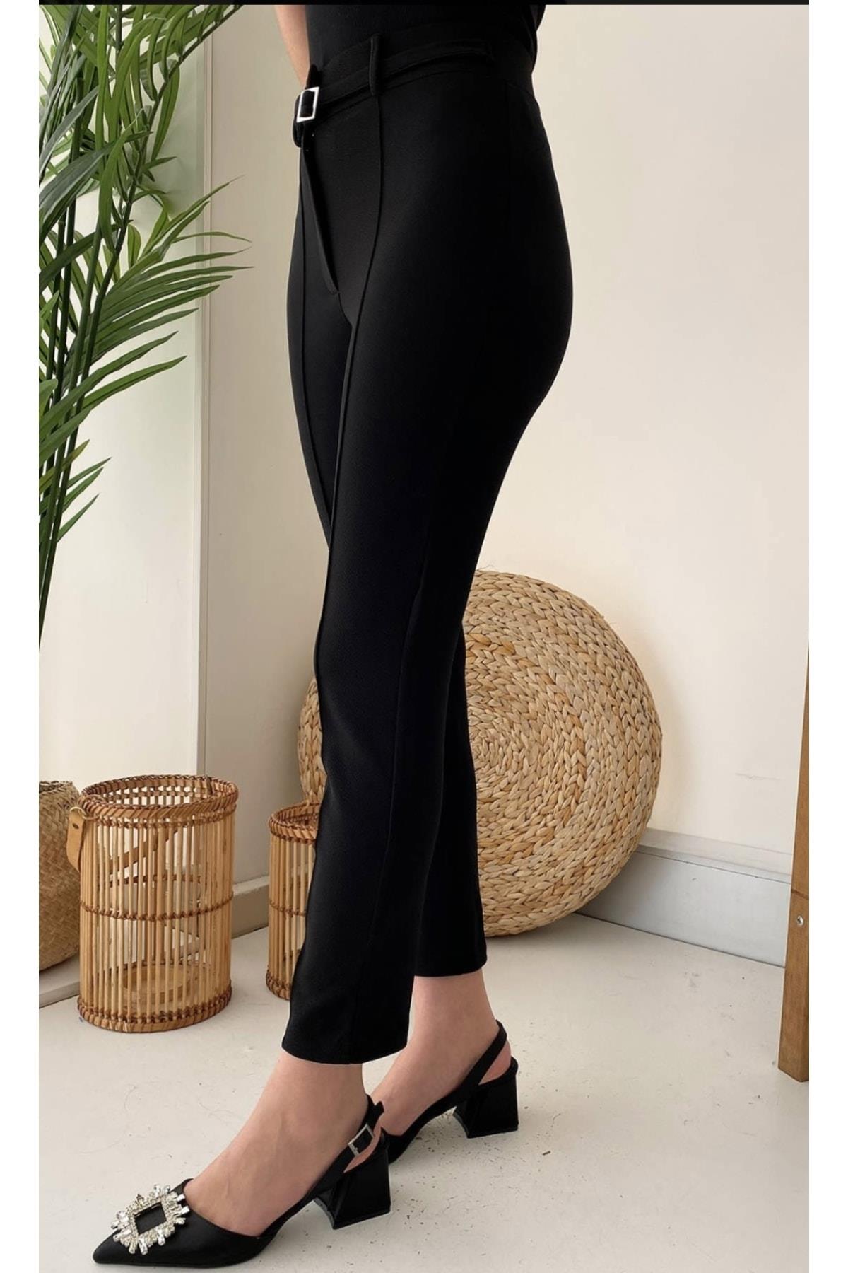 Likralı Crep Kumaş Ultra Yüksek Bel Tokalı Dar Pantolon