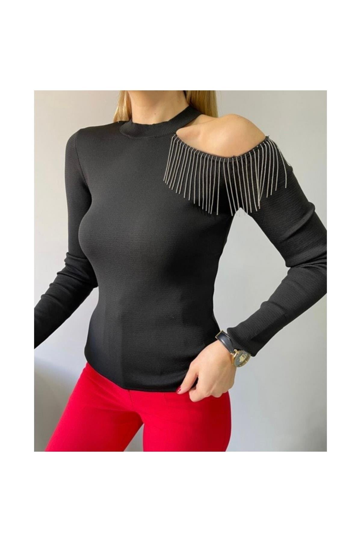 Omuz Zincir Detaylı Çelik Örme Siyah Triko