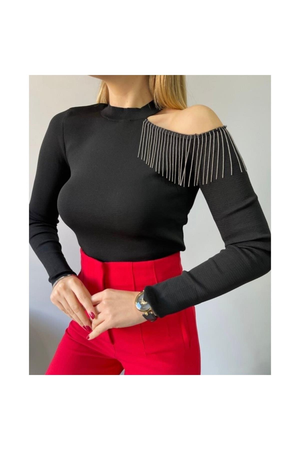 Omuz Zincir Detaylı Çelik Örme Siyah Triko