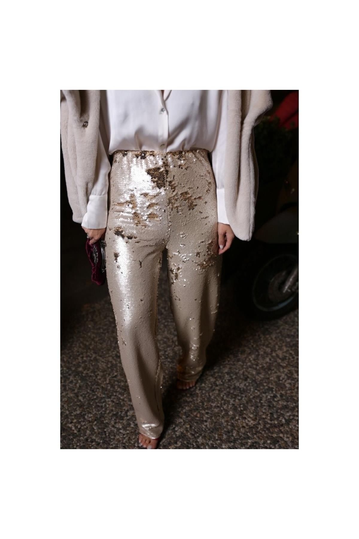 Payetli Gold Pantolon