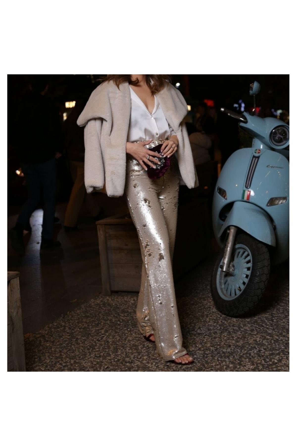 Payetli Gold Pantolon