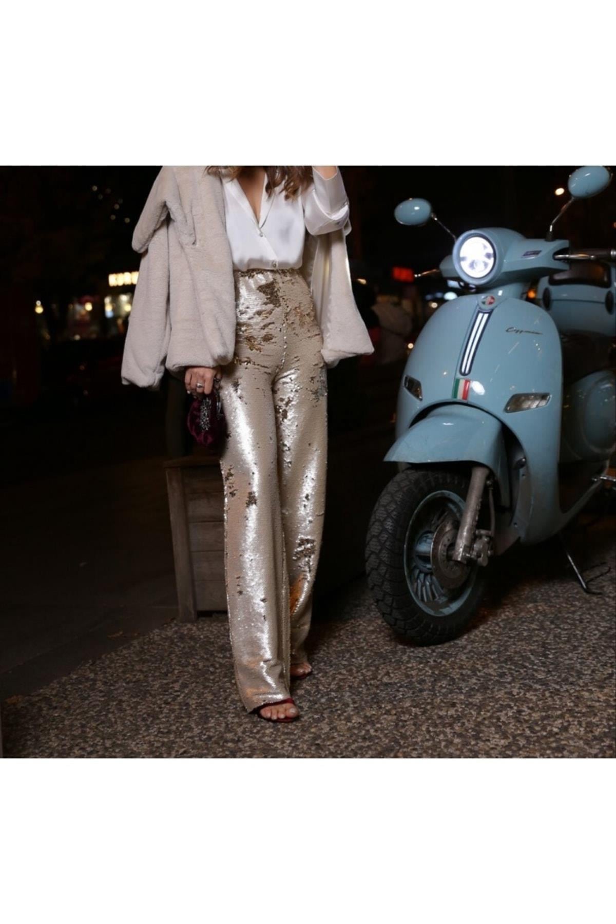 Payetli Gold Pantolon