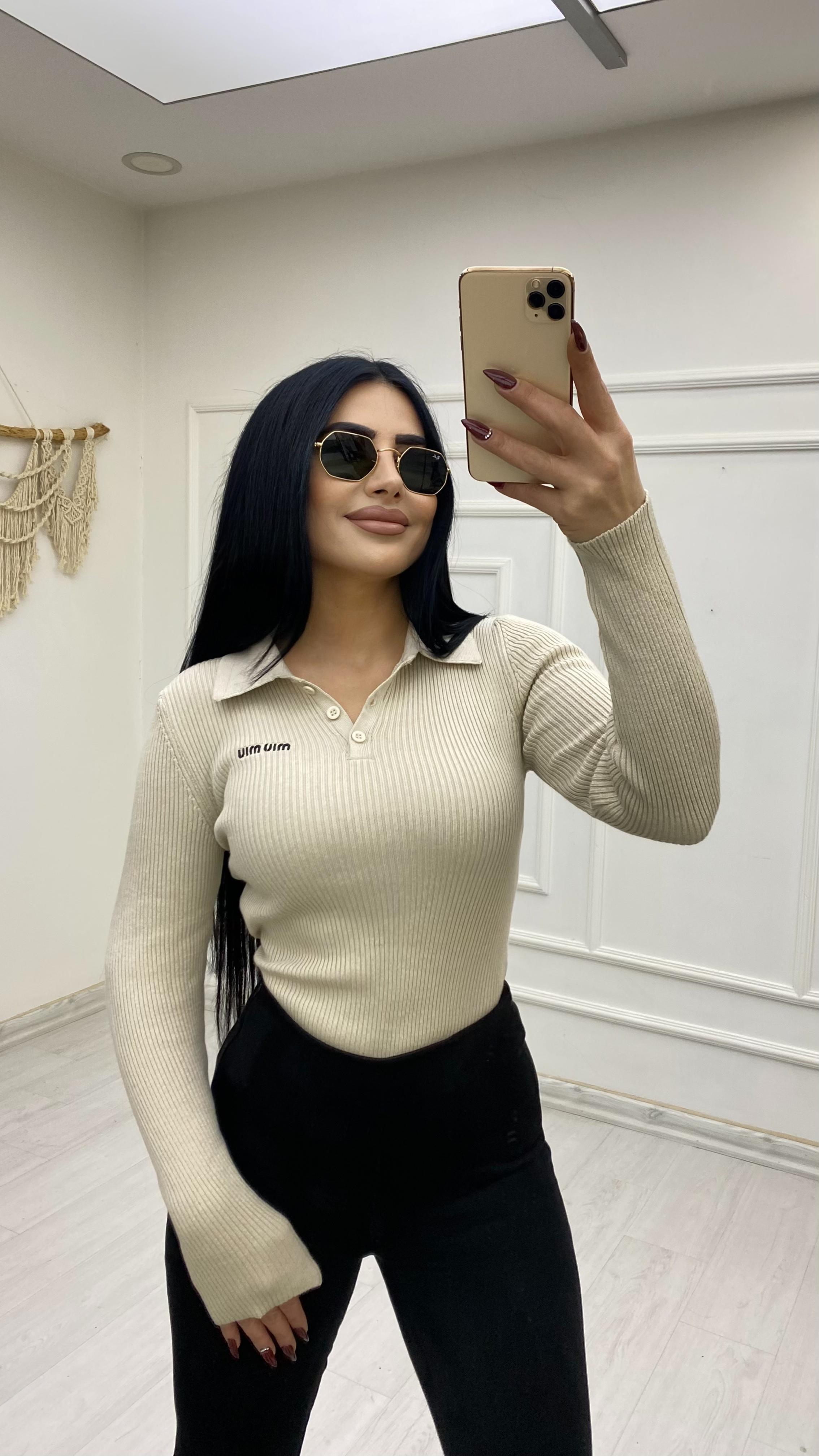 Polo Yaka Düğmeli Ekru Kazak