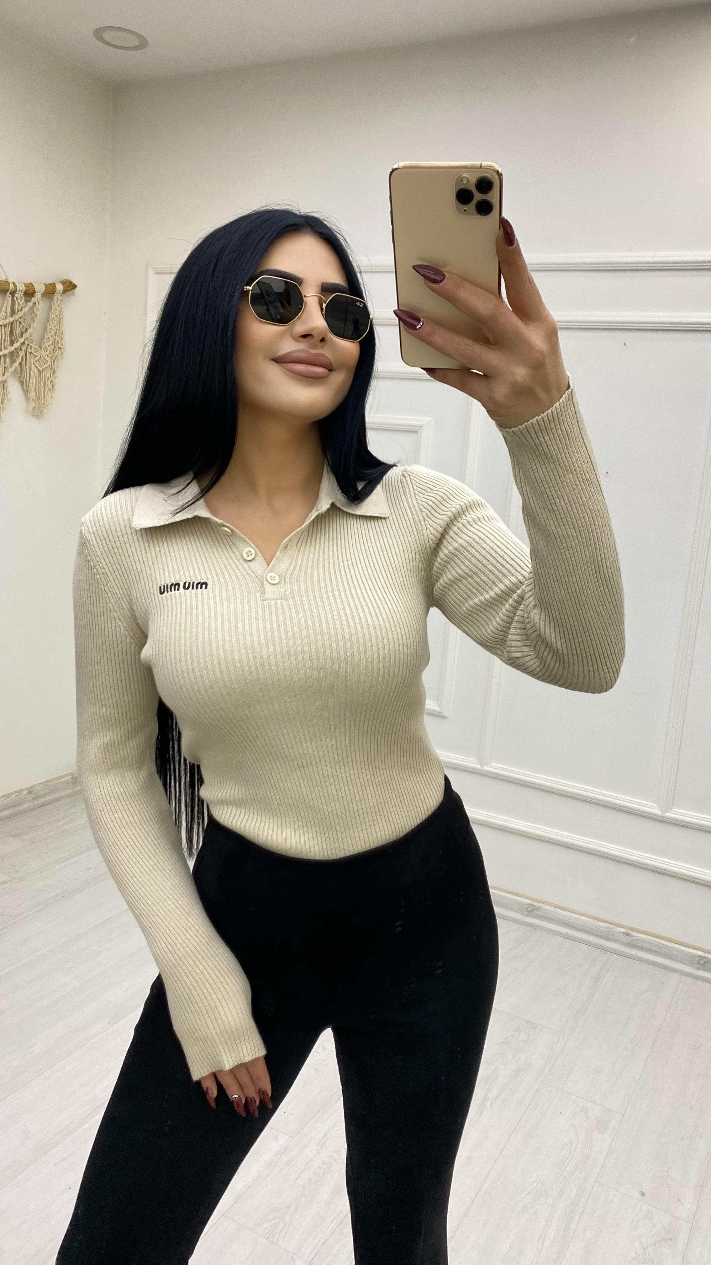 Polo Yaka Düğmeli Ekru Kazak