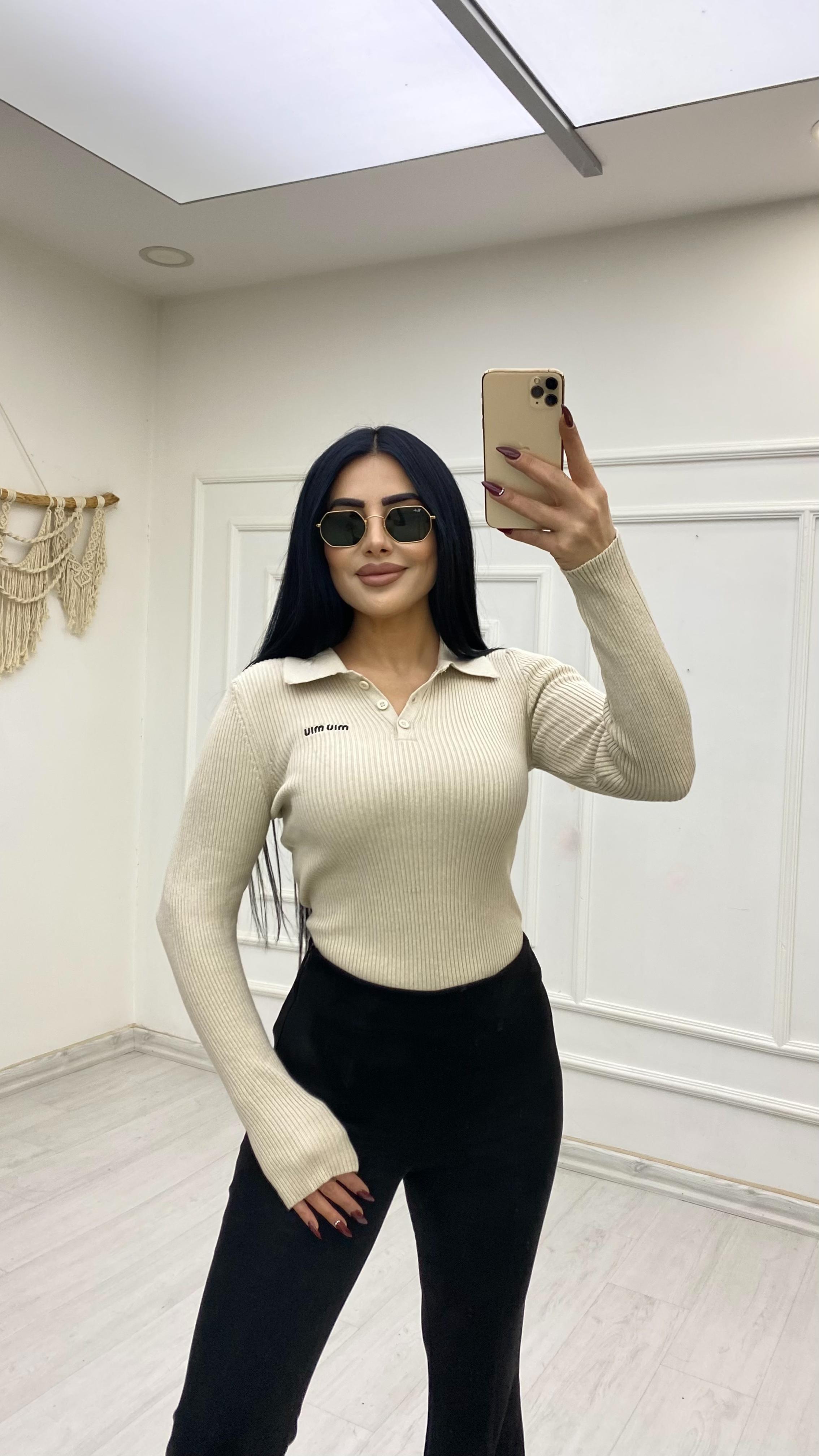 Polo Yaka Düğmeli Ekru Kazak