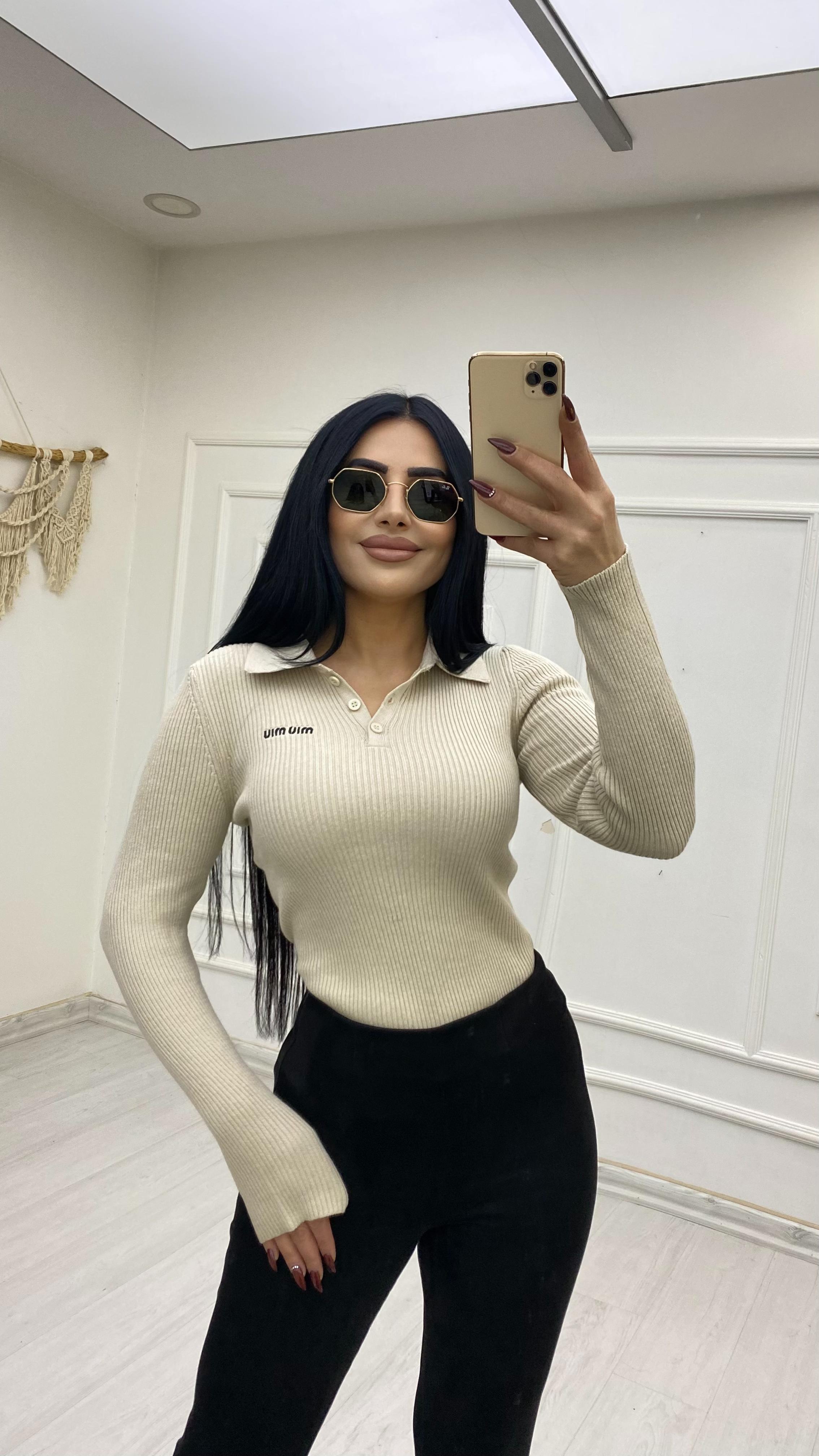 Polo Yaka Düğmeli Ekru Kazak