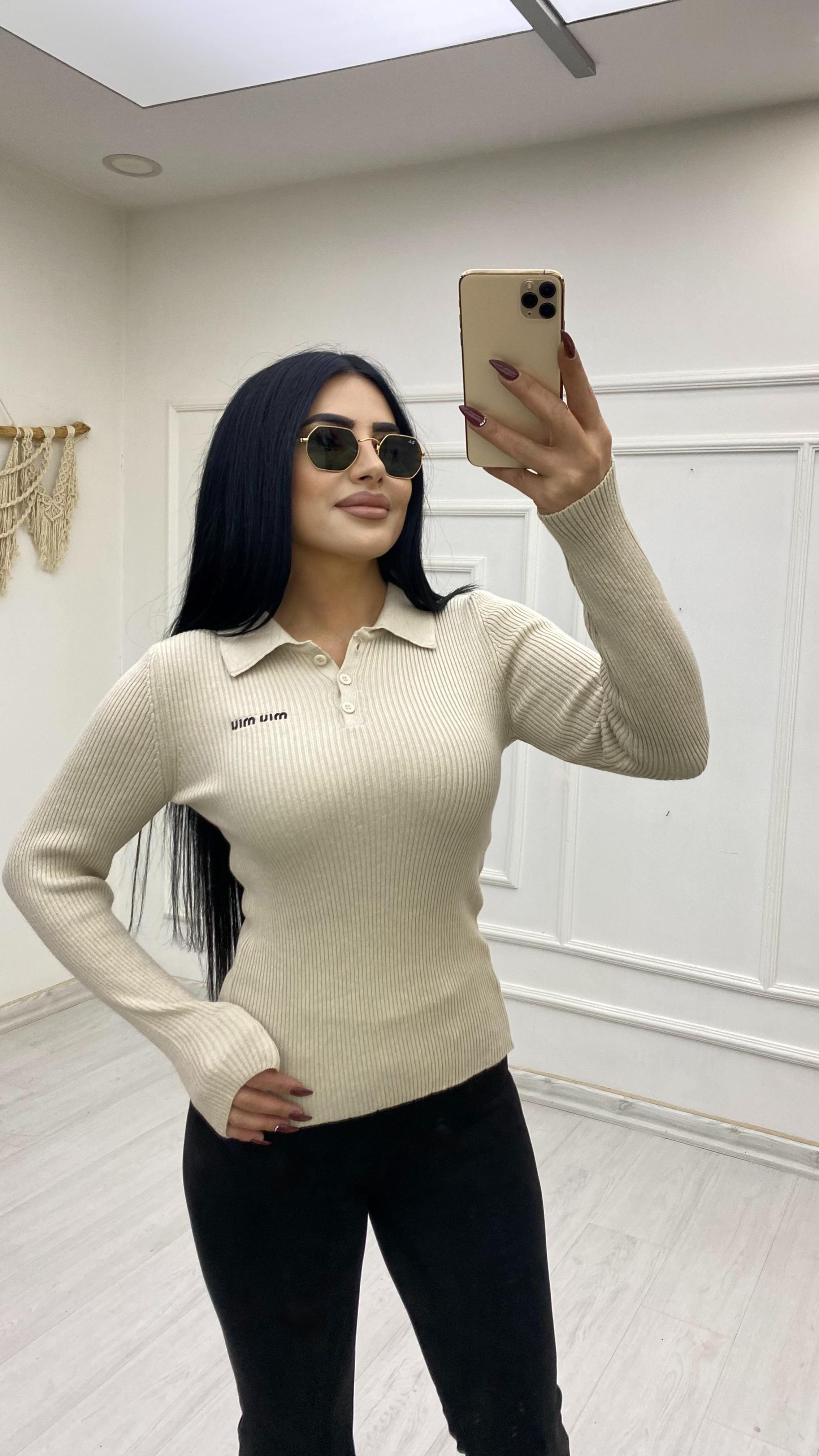 Polo Yaka Düğmeli Ekru Kazak