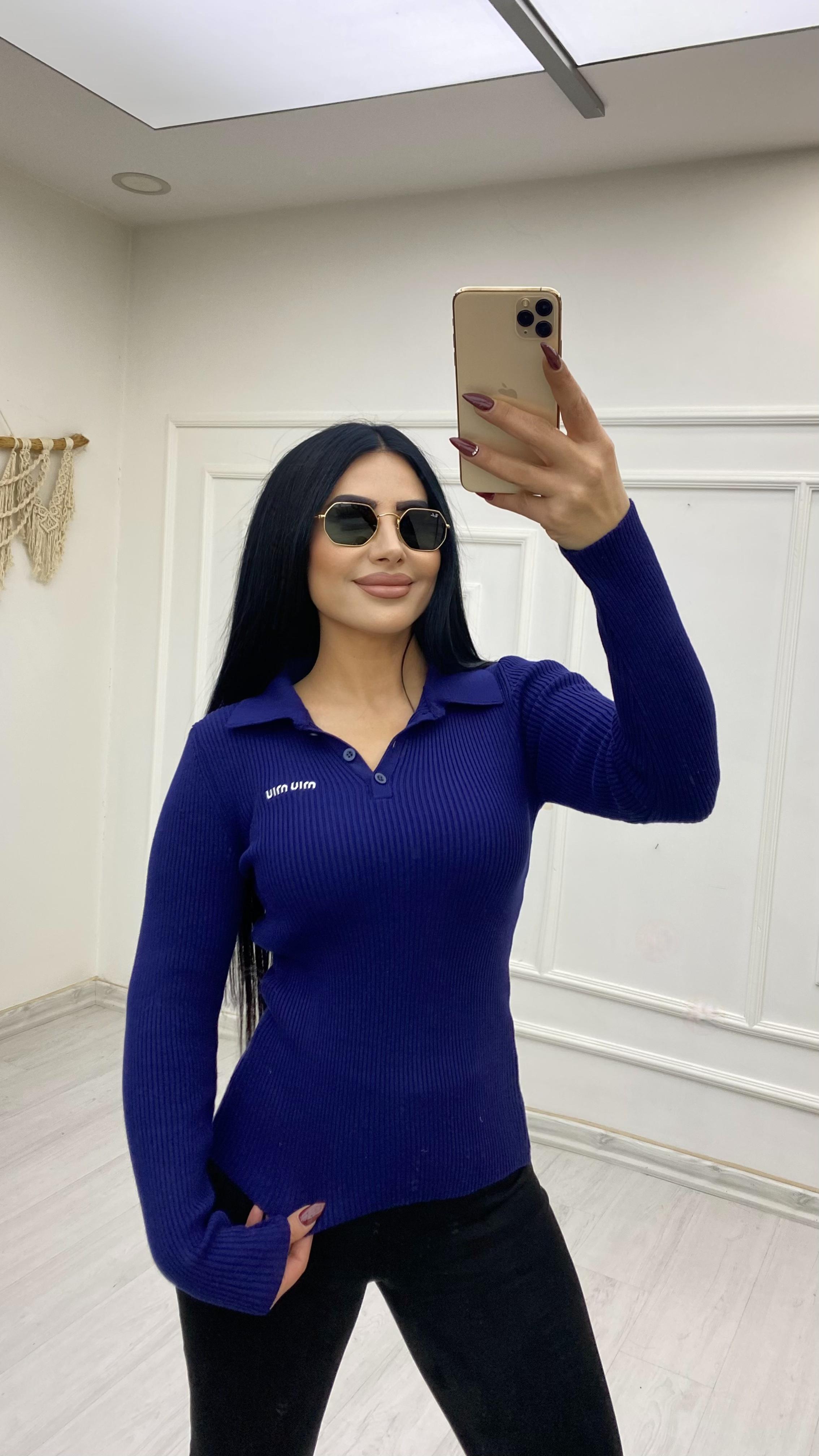 Polo Yaka Düğmeli Lacivert Kazak