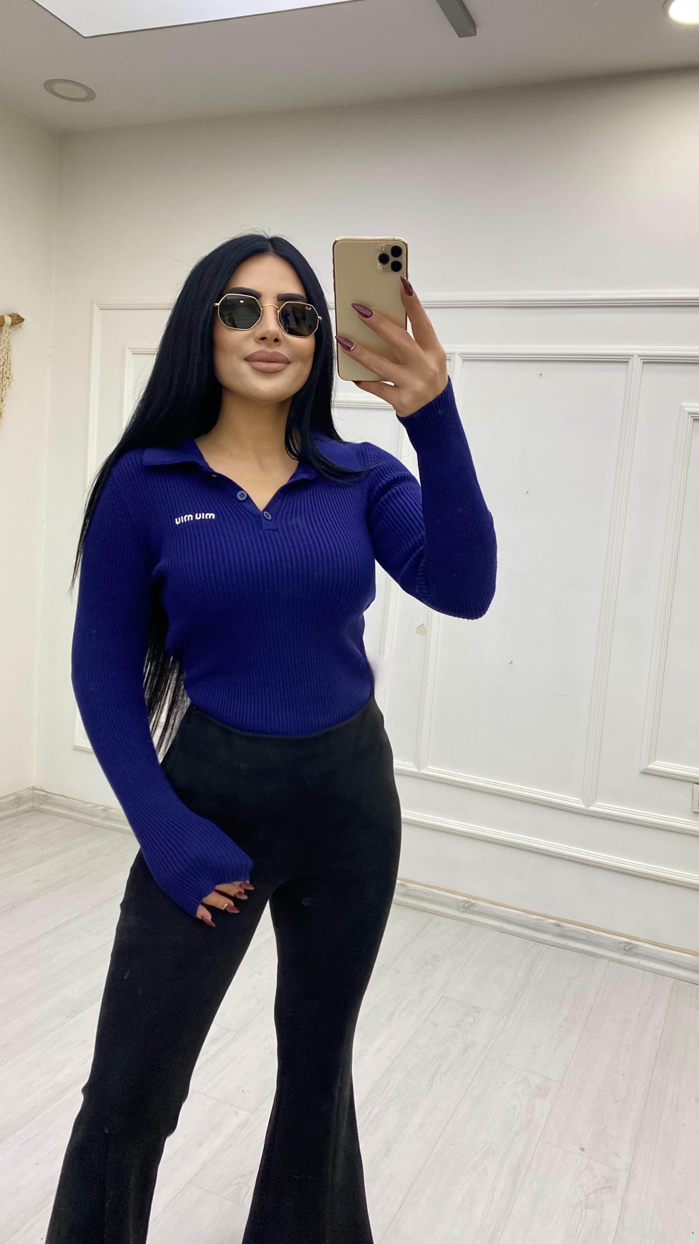 Polo Yaka Düğmeli Lacivert Kazak