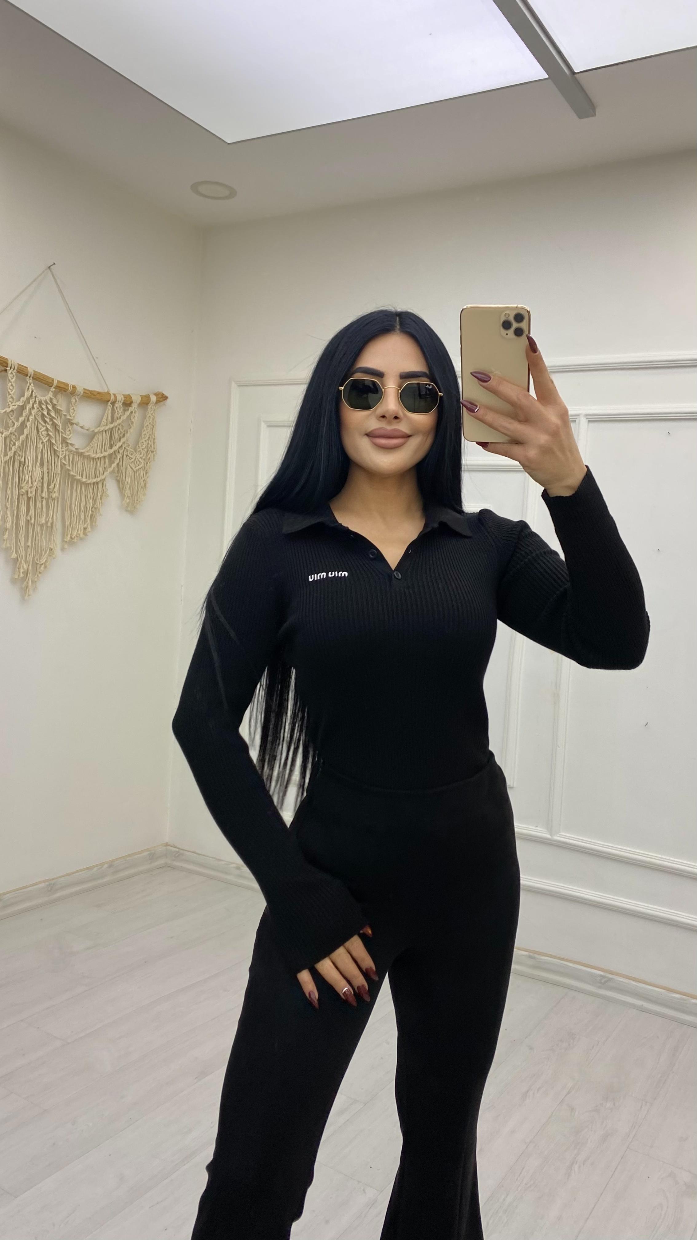 Polo Yaka Düğmeli Siyah Kazak