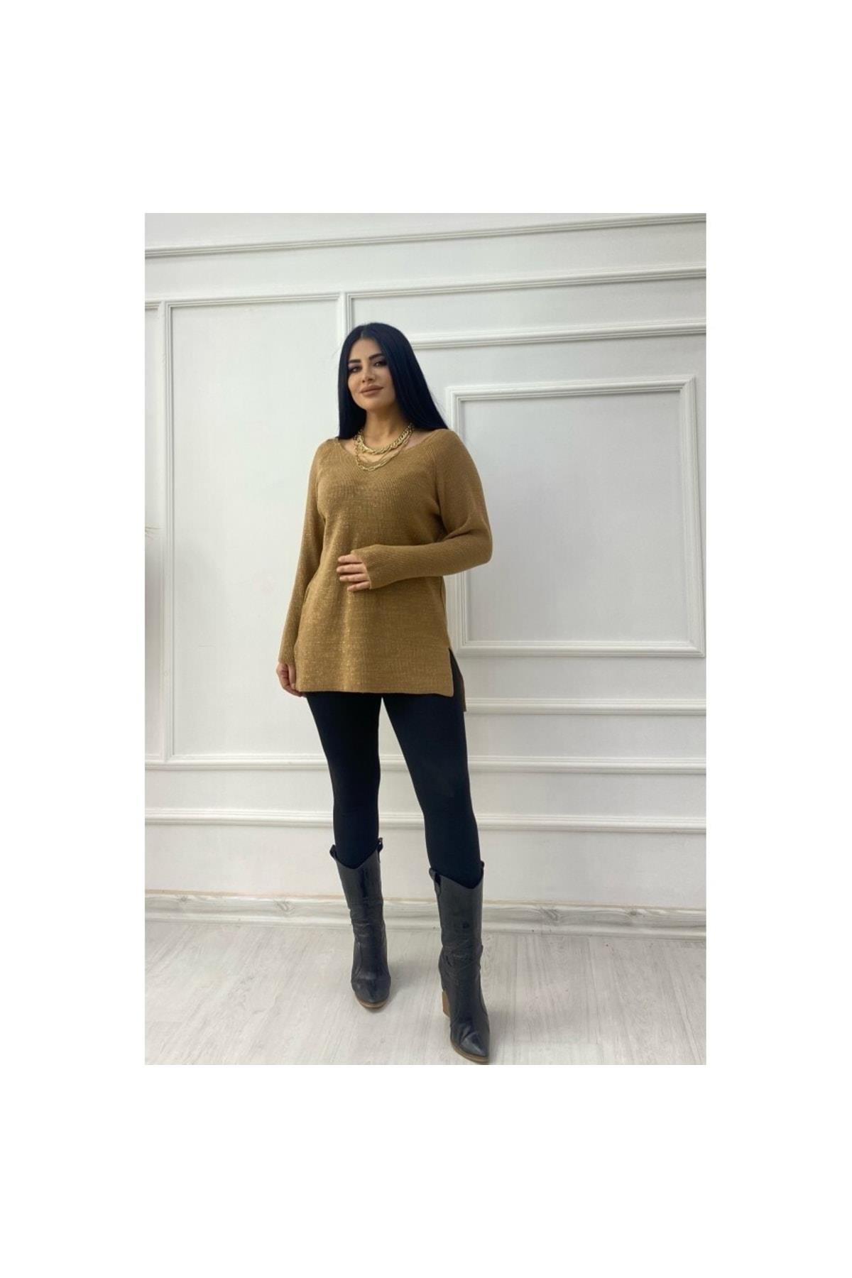 Simli Yanları Yırtmaçlı Gold Triko