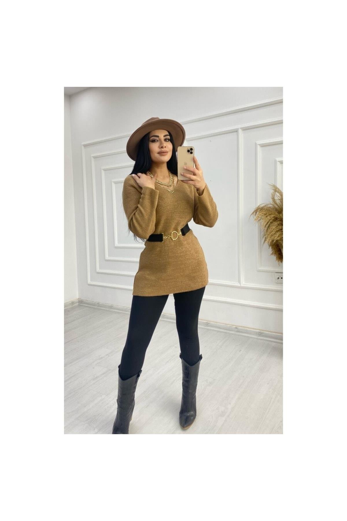 Simli Yanları Yırtmaçlı Gold Triko