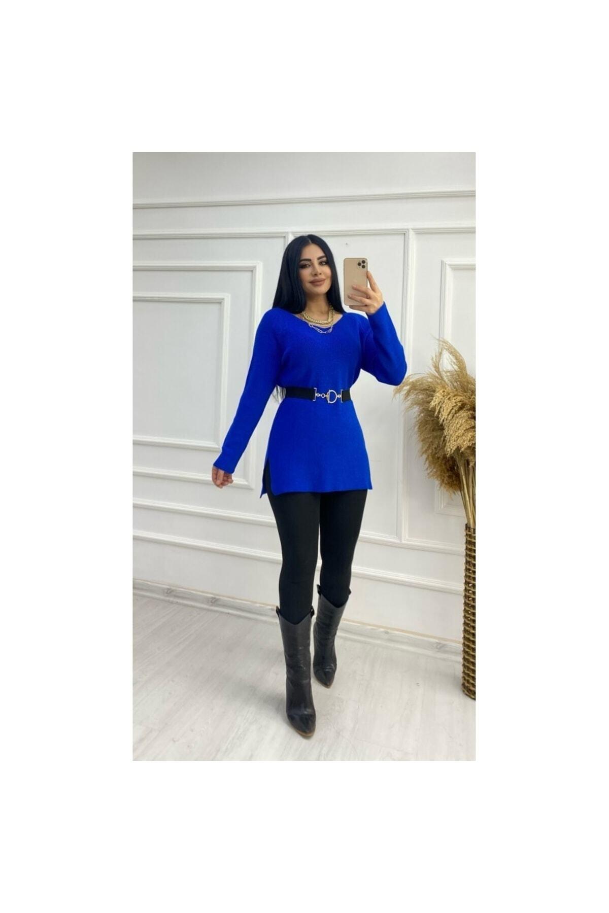 Simli Yanları Yırtmaçlı Saks Triko