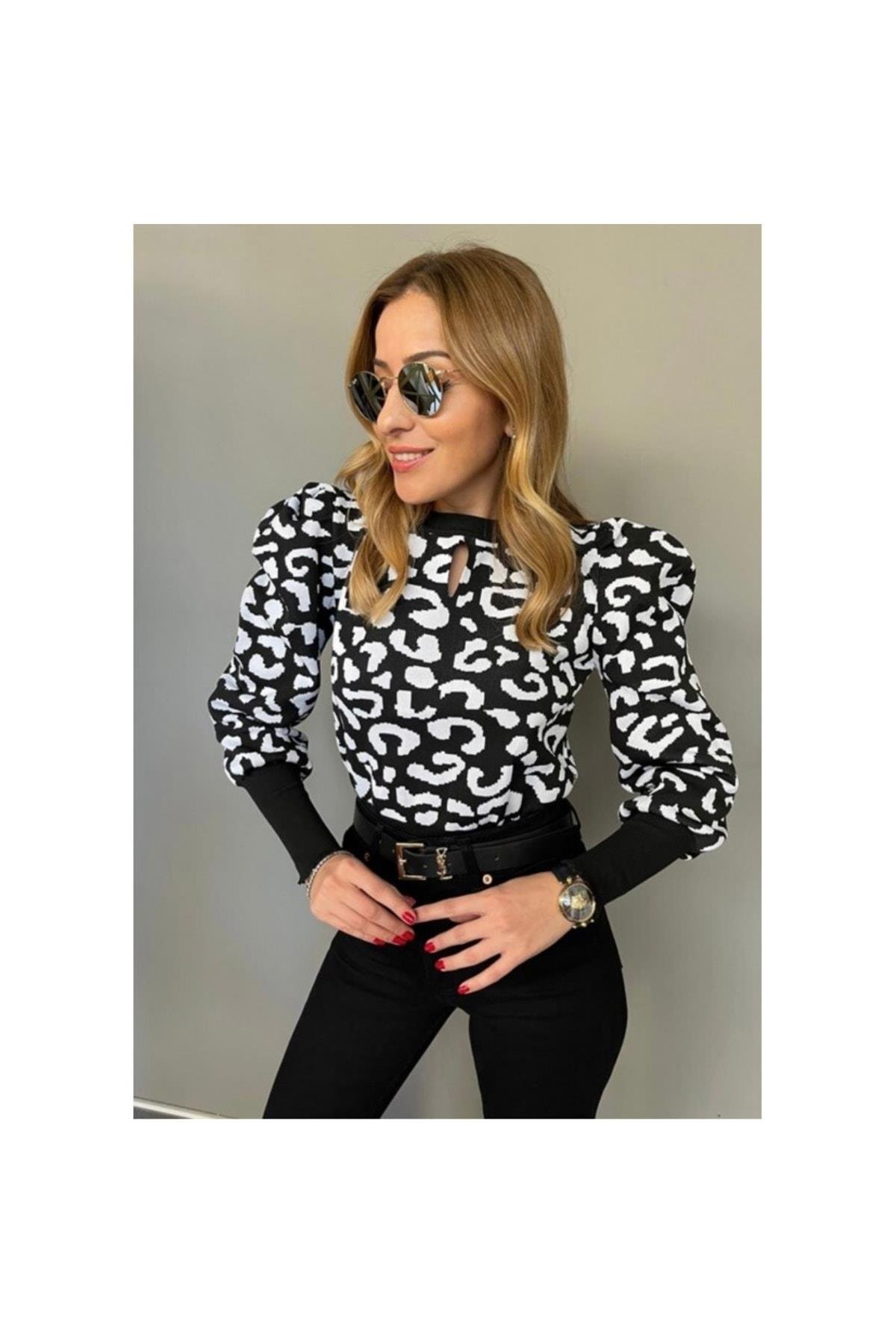 Siyah Beyaz Desenli Prenses Kol Çelik Triko