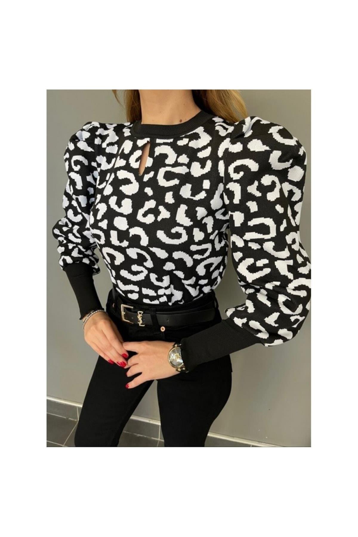 Siyah Beyaz Desenli Prenses Kol Çelik Triko