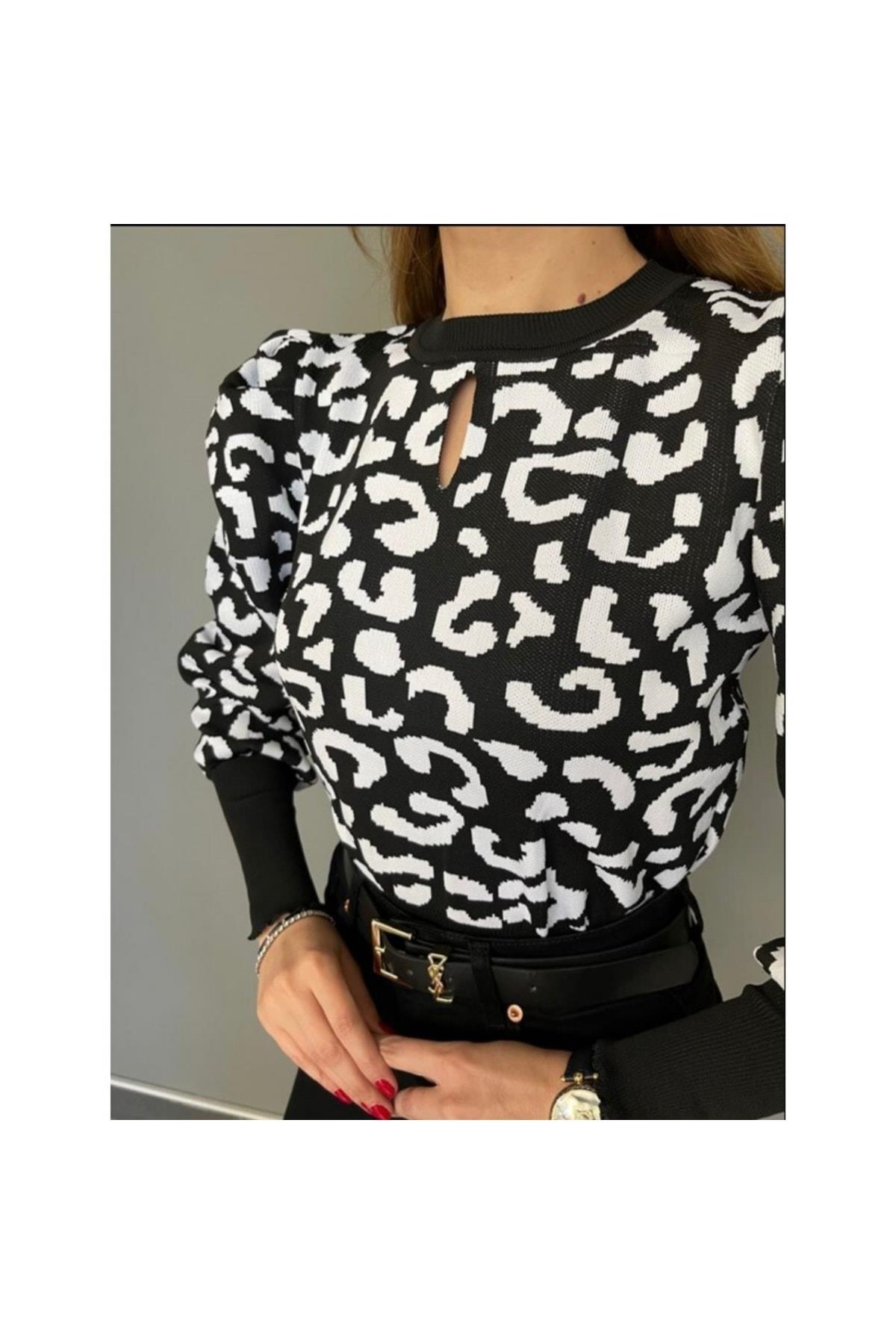 Siyah Beyaz Desenli Prenses Kol Çelik Triko