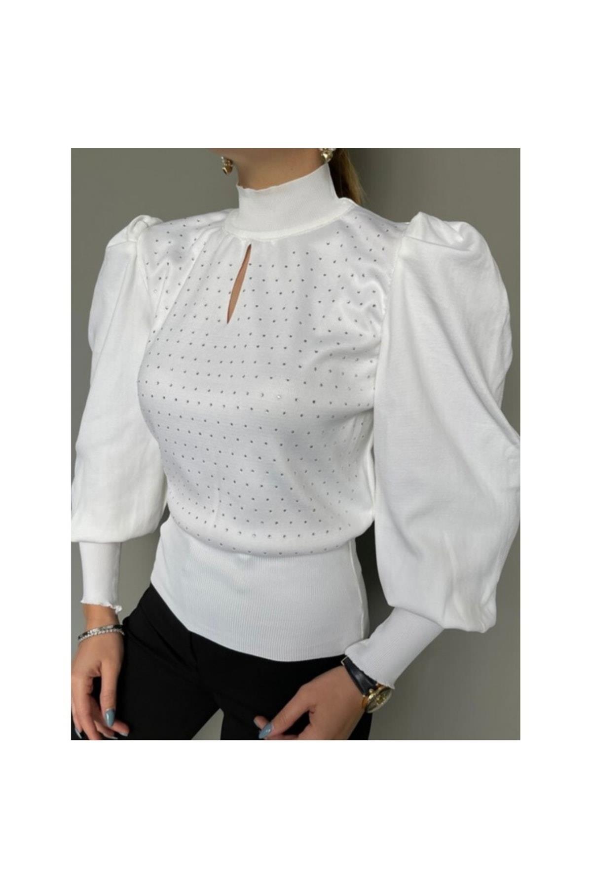 Taş Detaylı Prenses Kol Beyaz Triko