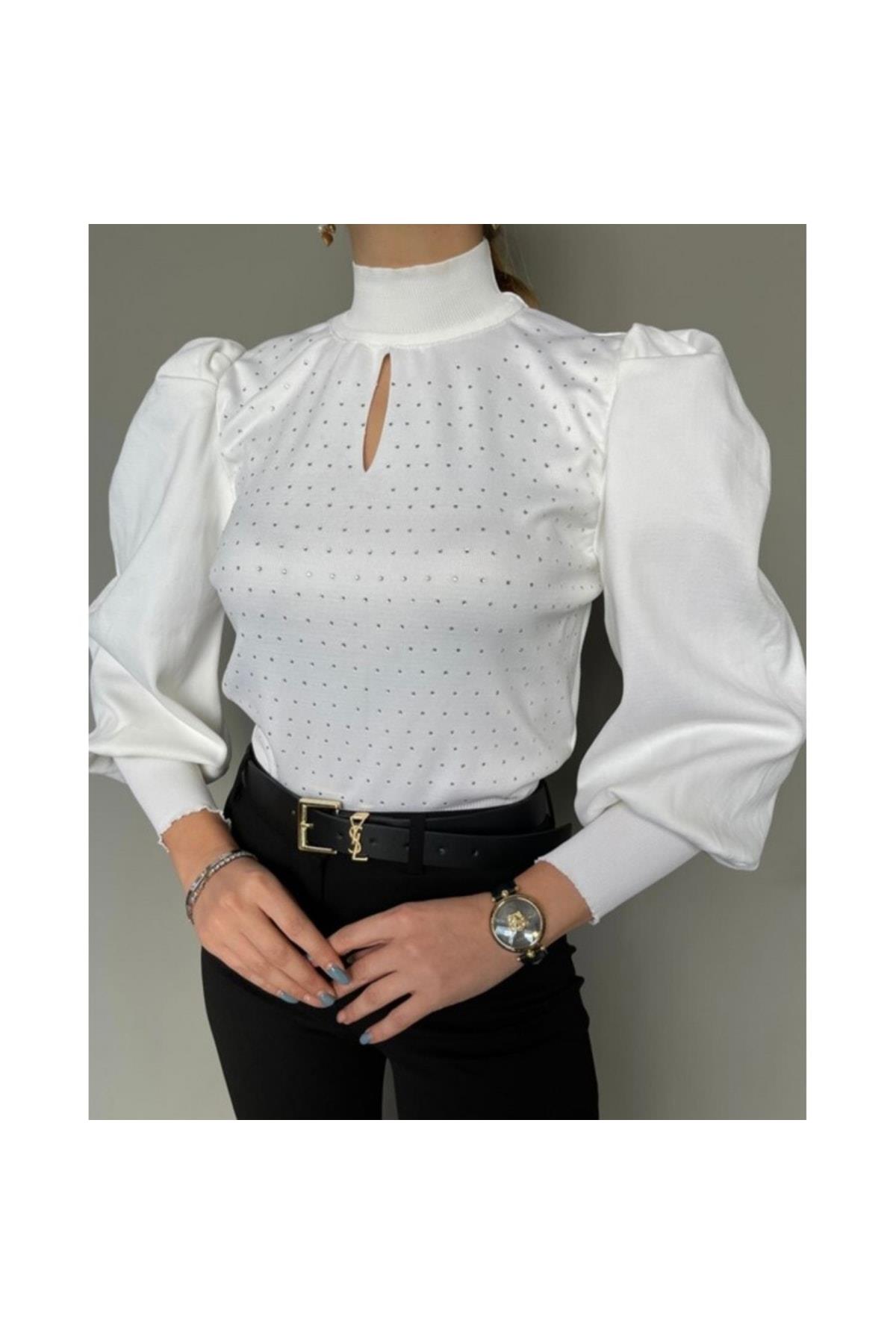 Taş Detaylı Prenses Kol Beyaz Triko