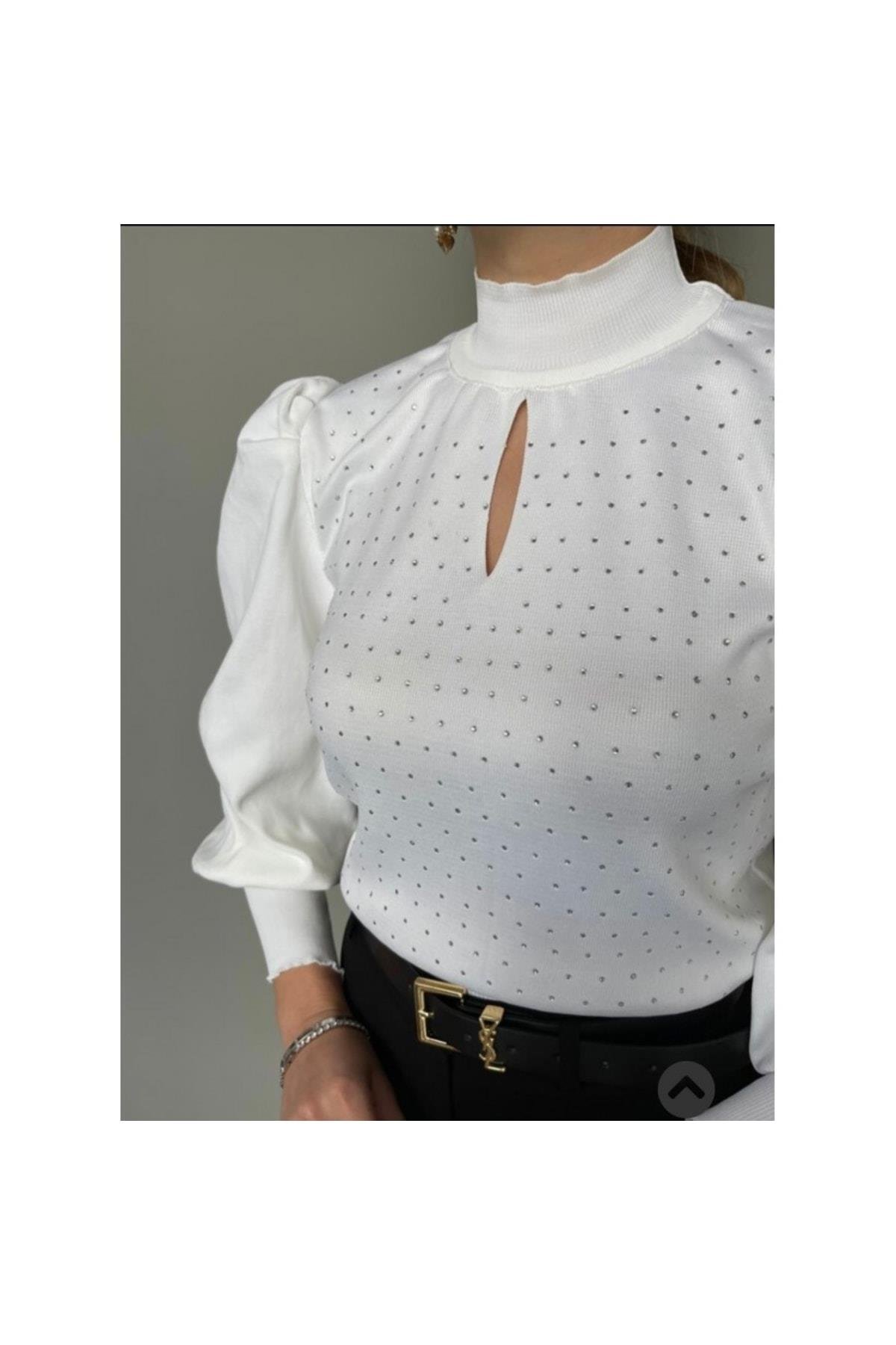 Taş Detaylı Prenses Kol Beyaz Triko