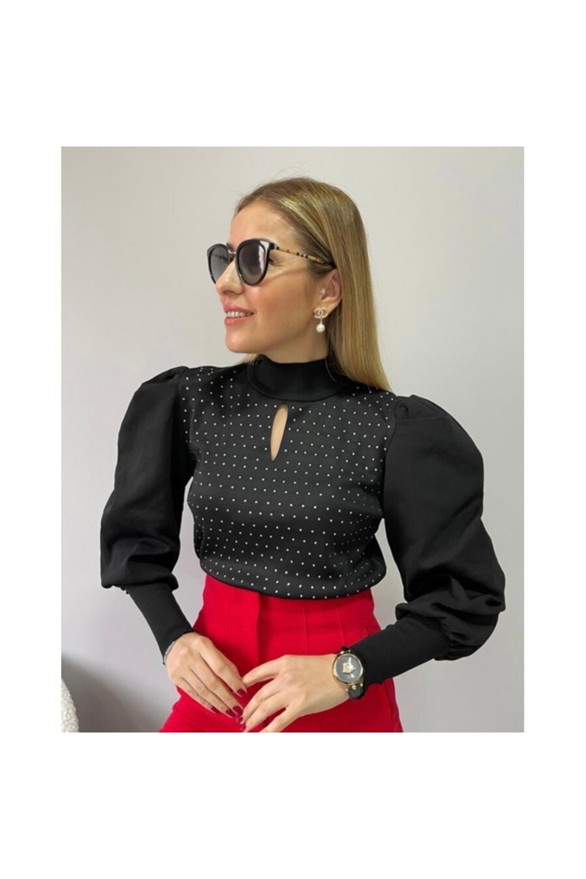 Taş Detaylı Prenses Kol Siyah Triko
