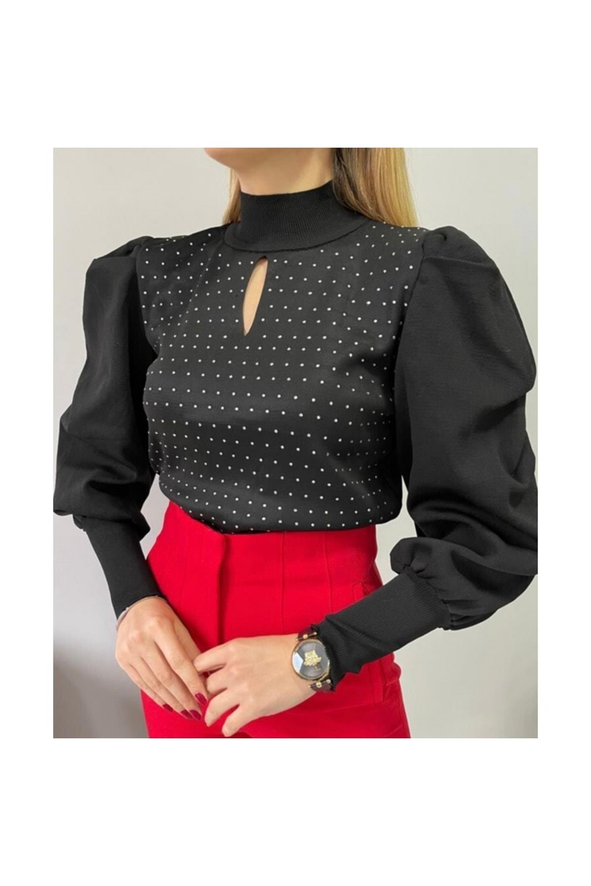 Taş Detaylı Prenses Kol Siyah Triko