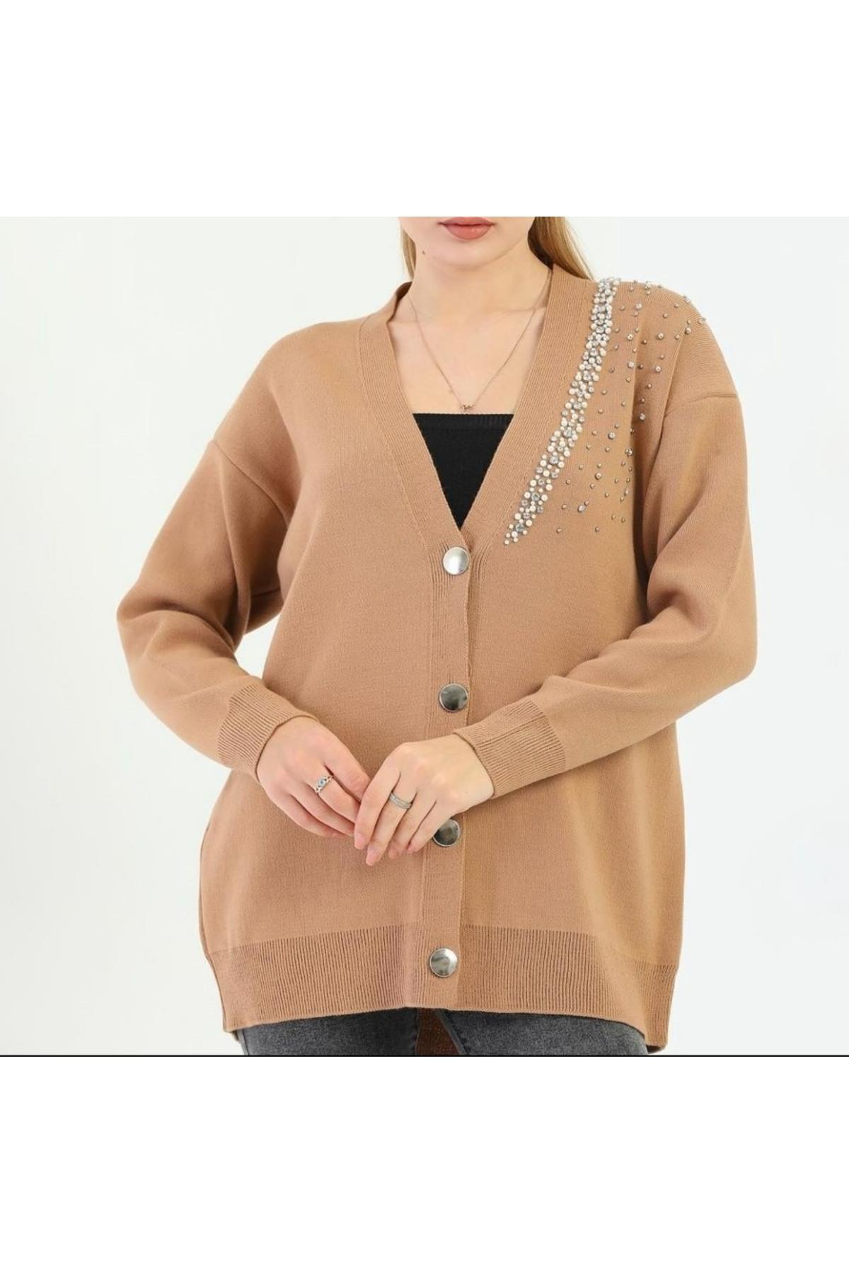 Taş Ve İnci İşlemeli Triko Camel Hırka
