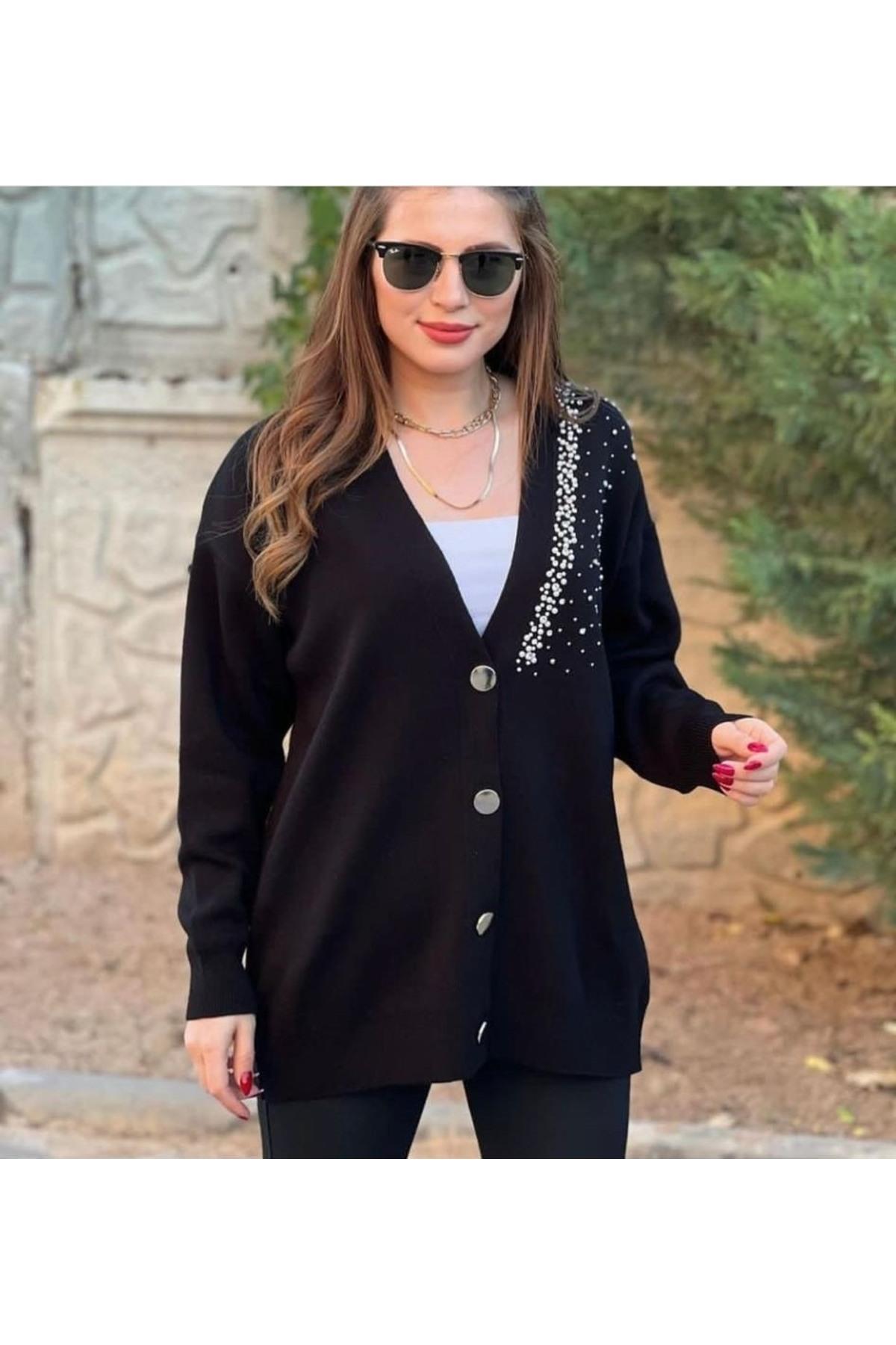 Taş Ve İnci İşlemeli Triko Siyah Hırka