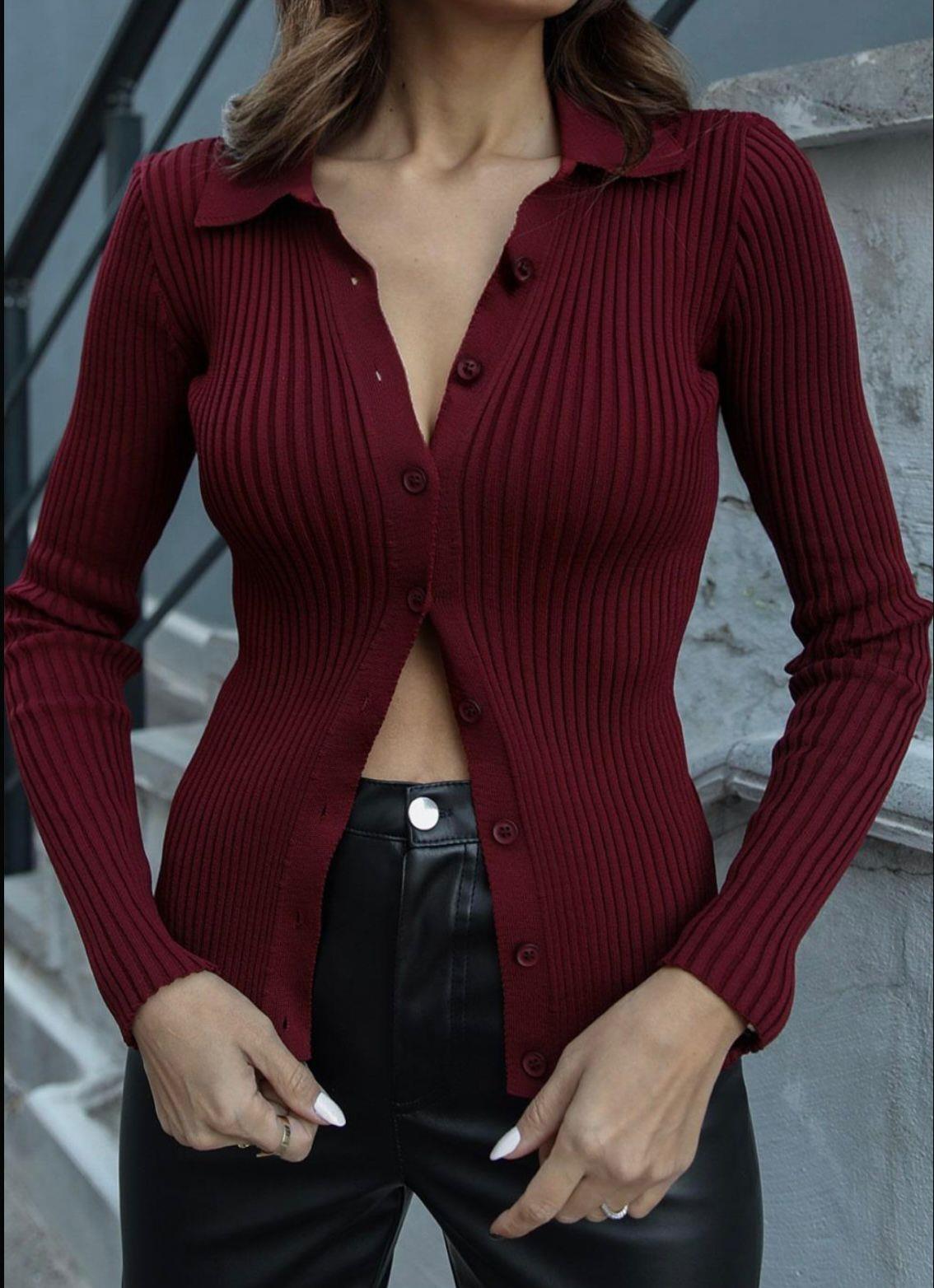 Uzun Kollu Önü Düğmeli Polo Yaka Bordo Hırka