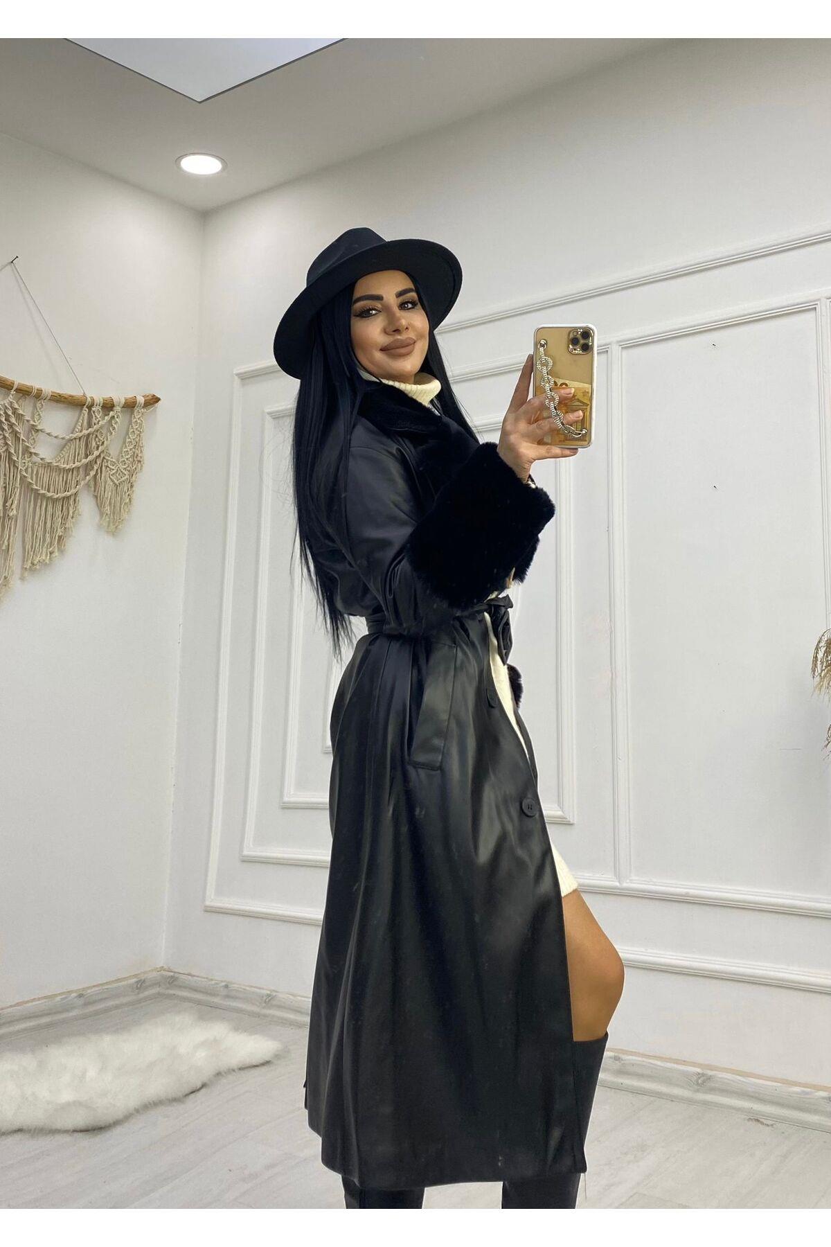 Yakası Kürk Detaylı Uzun Siyah Deri Ceket