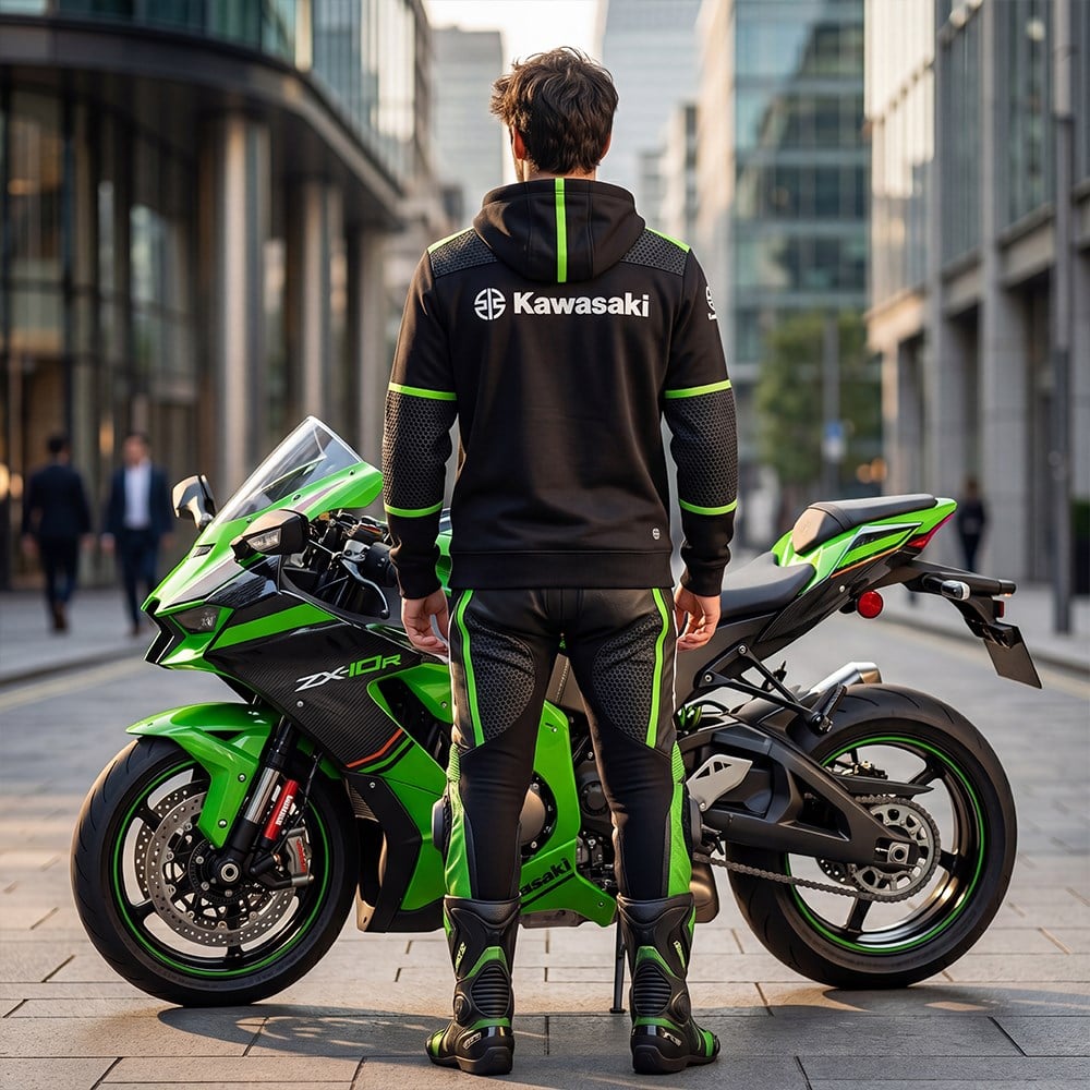 Kawasaki Erkek Kapüşonlu Ceket Polar Siyah/Yeşil