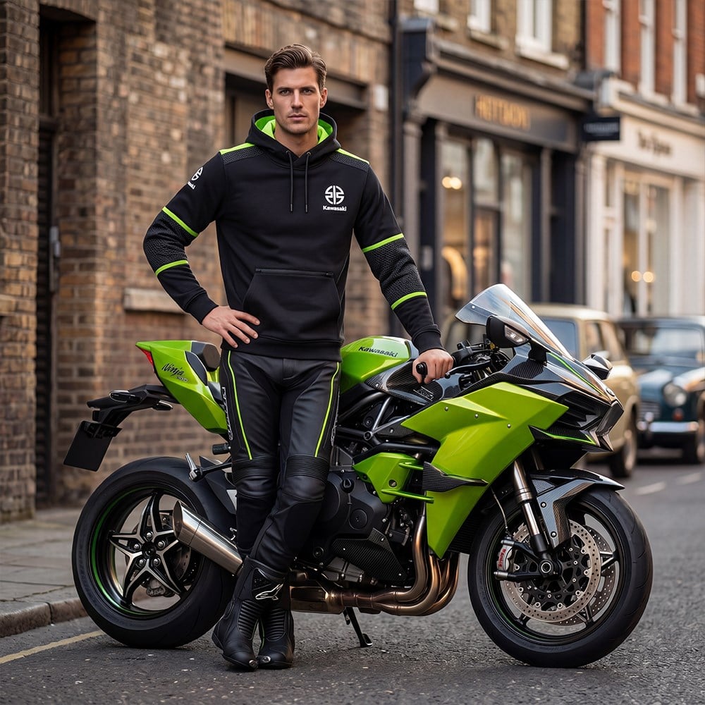 Kawasaki Erkek Kapüşonlu Ceket Polar Siyah/Yeşil