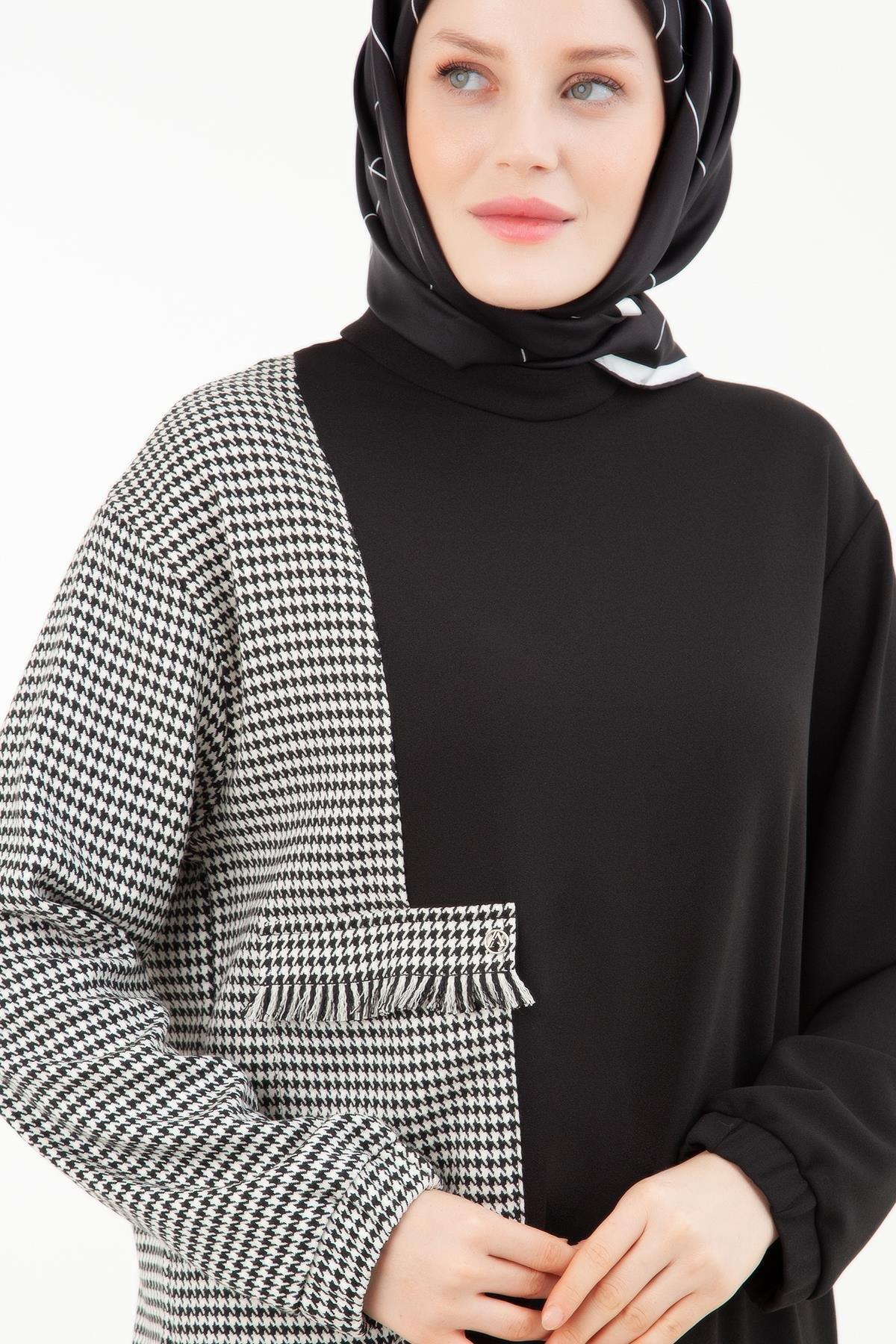 ARMİNE TREND Arkası Fermuarlı Kolları Lastikli Kaz Ayağı Desenli Pantolonlu Beli Lastikli İkili Takım-Siyah 23KT627