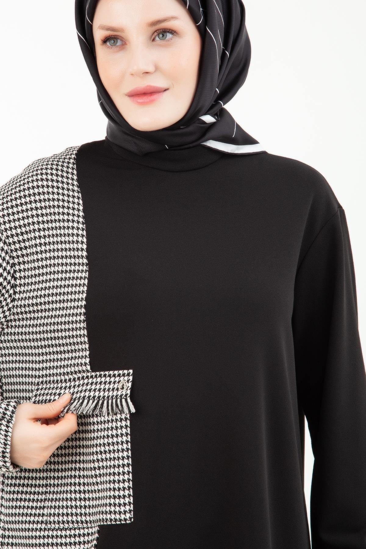 ARMİNE TREND Arkası Fermuarlı Kolları Lastikli Kaz Ayağı Desenli Pantolonlu Beli Lastikli İkili Takım-Siyah 23KT627