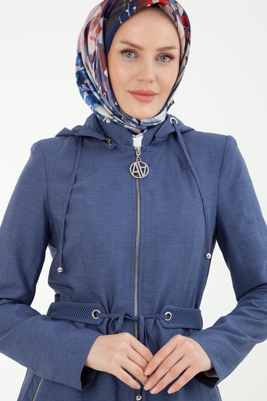 ARMİNE TREND Belden Bağlamalı Fermuarlı Cepli Pardesü-İndigo 22YT807
