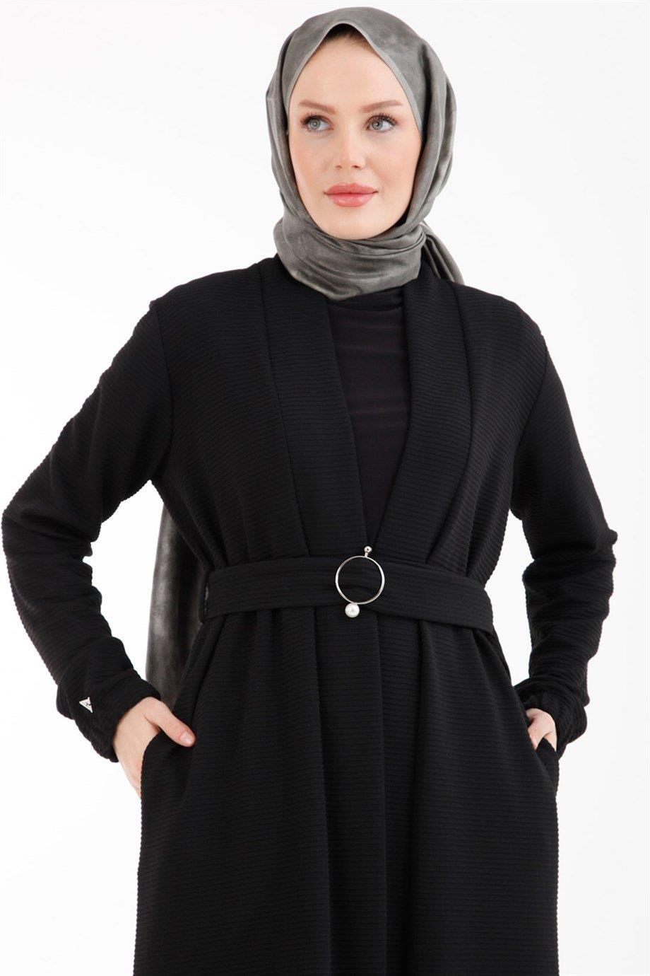 ARMİNE TREND Beli Kemerli Taş Detaylı Takım-Siyah 22KT615
