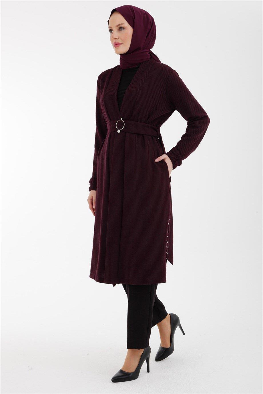 ARMİNE TREND Beli Kemerli Taş Detaylı Takım-Bordo 22KT615