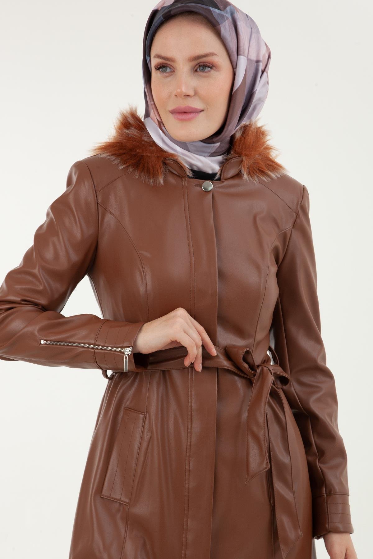 ARMİNE TREND Beli Kuşaklı Yakası Kürk Detaylı Deri Kap-Taba 22KT701