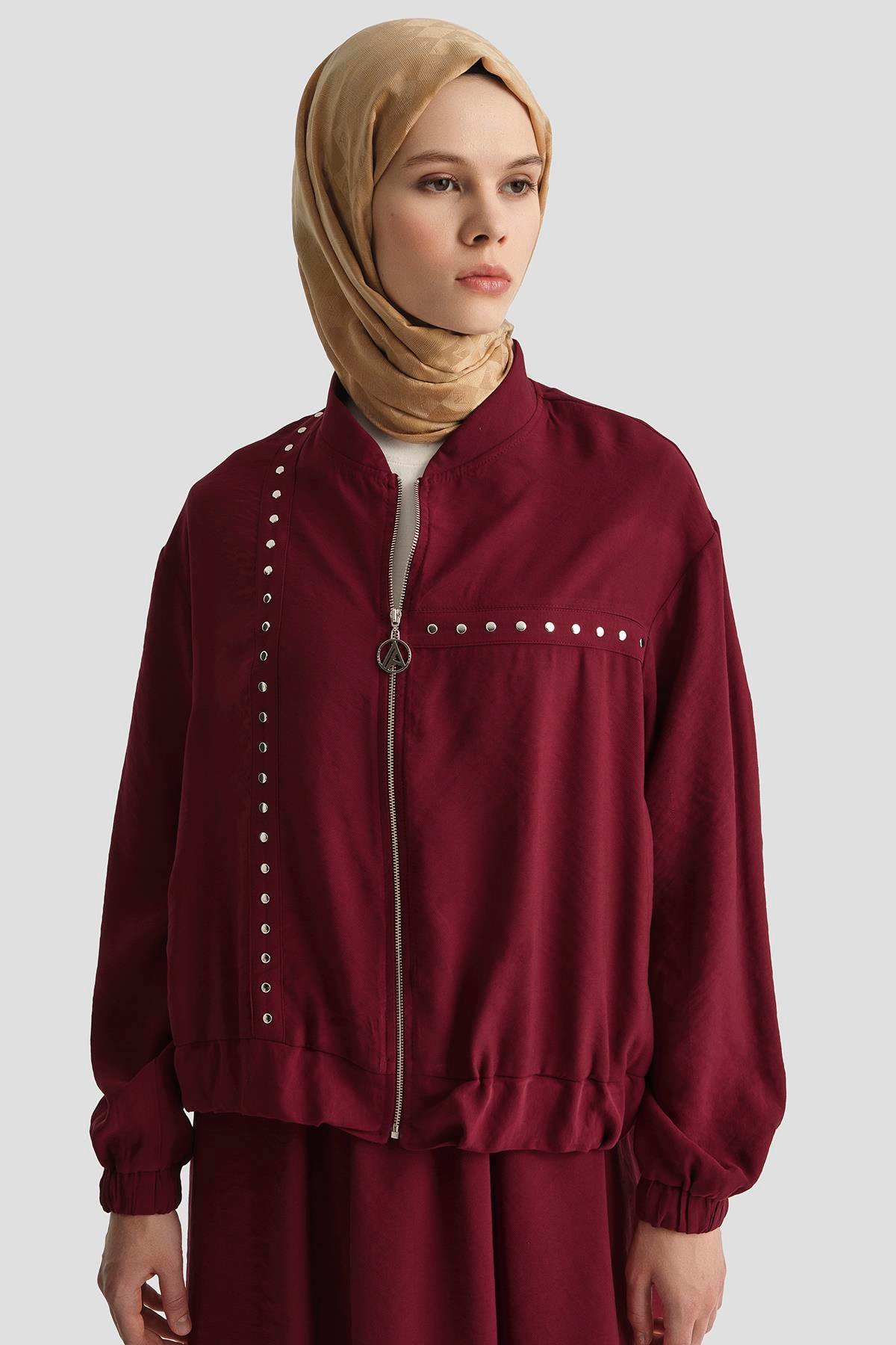 ARMİNE TREND Beli Lastikli Fermuarlı Etekli İkili Takım-Bordo 25YT686