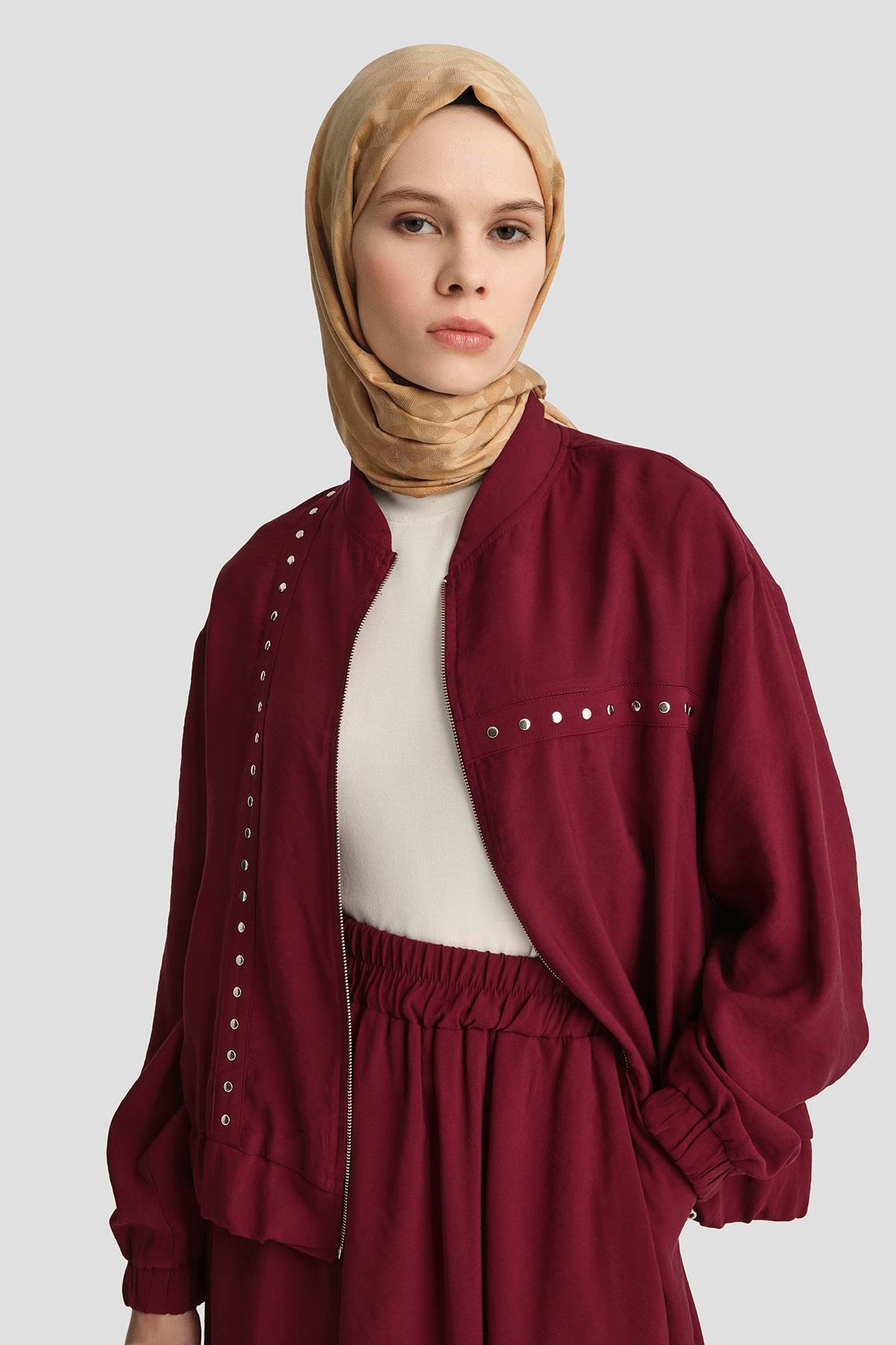 ARMİNE TREND Beli Lastikli Fermuarlı Etekli İkili Takım-Bordo 25YT686