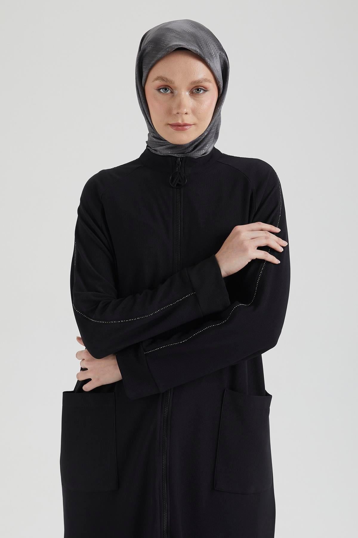 ARMİNE TREND Boydan Fermuarlı Cepli Ceket-Siyah 25YT541