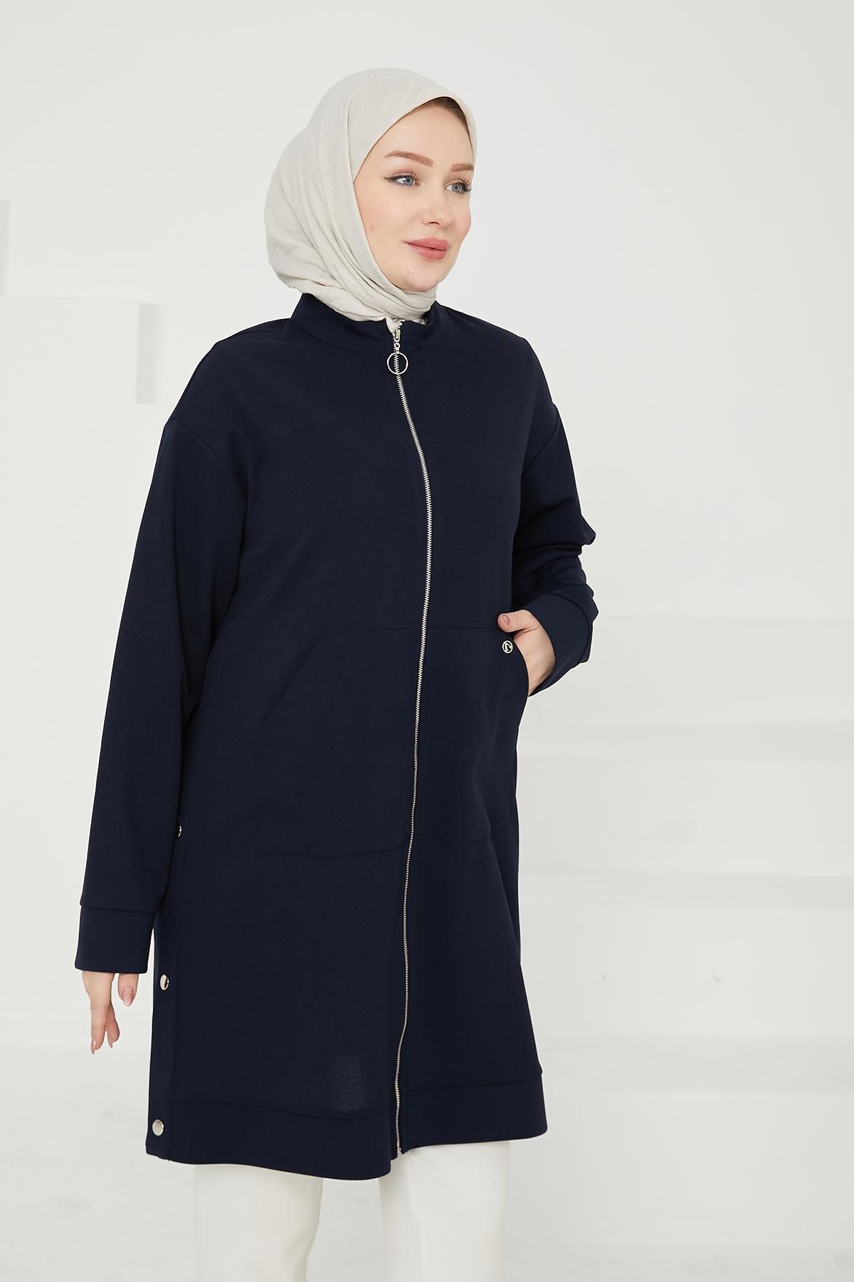 ARMİNE TREND Boydan Fermuarlı Cepli Tunik-Lacivert 24KT410