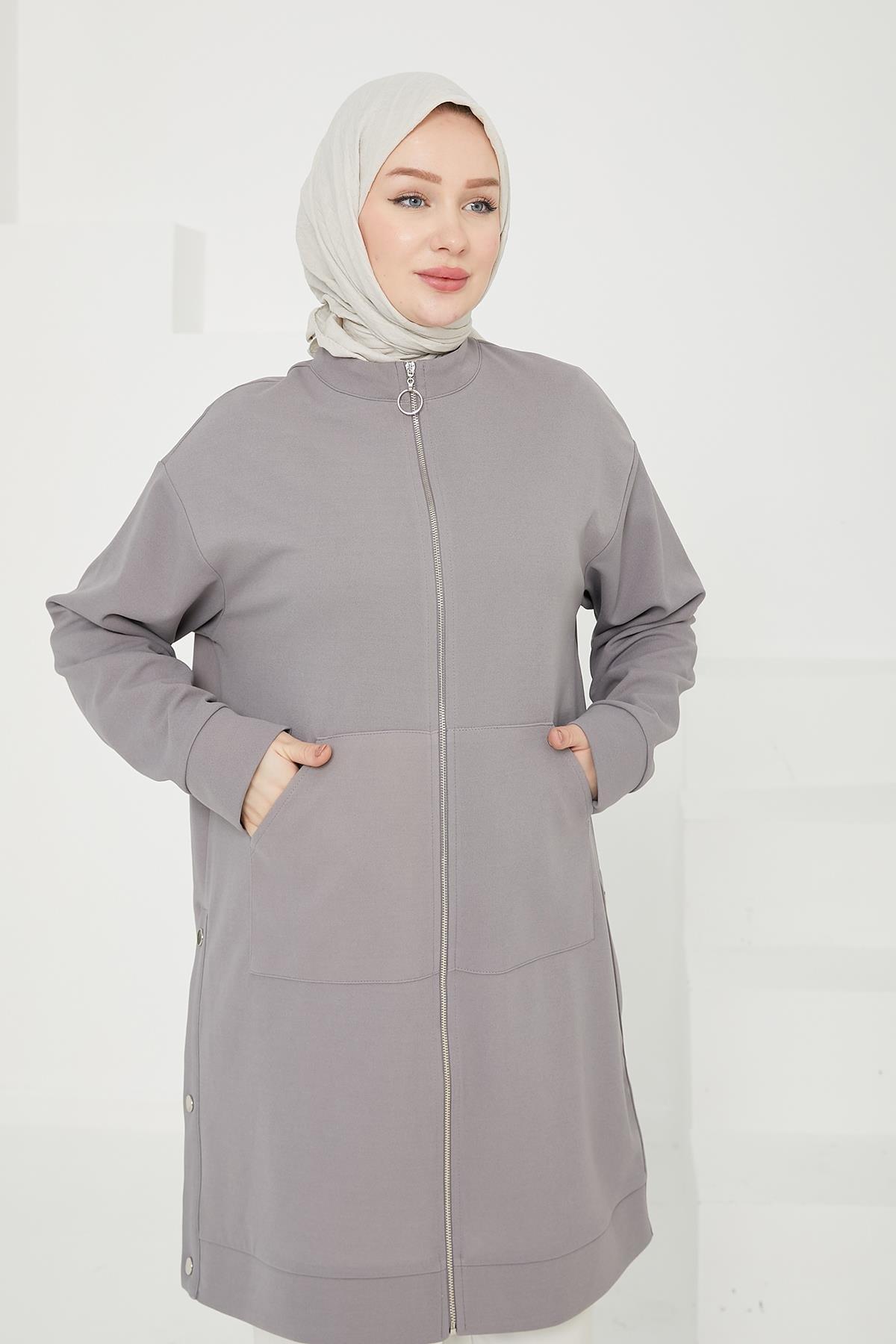 ARMİNE TREND Boydan Fermuarlı Cepli Tunik-Gri 24KT410