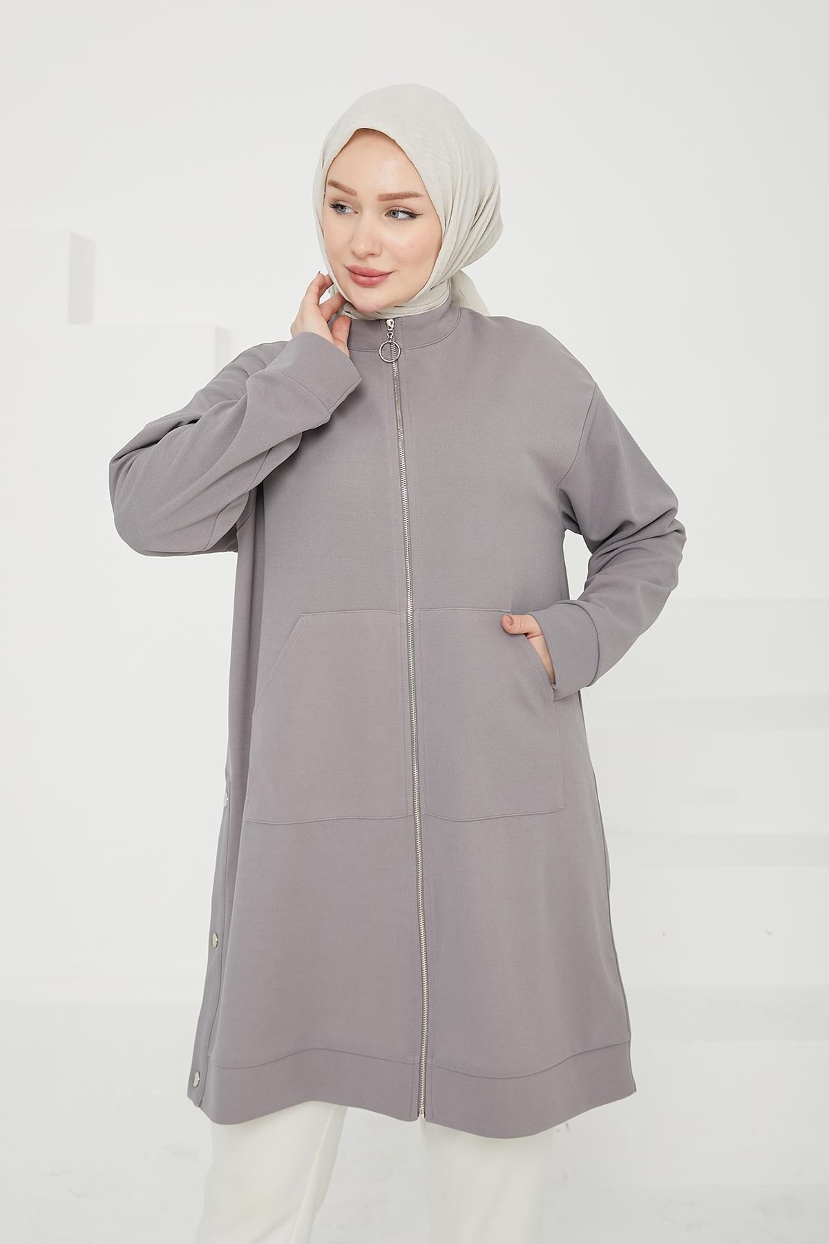 ARMİNE TREND Boydan Fermuarlı Cepli Tunik-Gri 24KT410