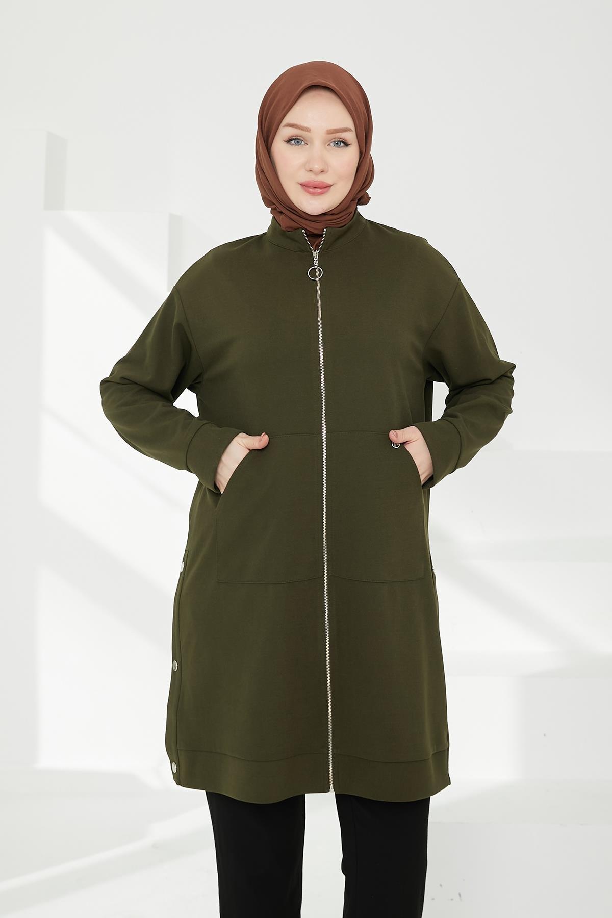 ARMİNE TREND Boydan Fermuarlı Cepli Tunik-Haki 24KT410