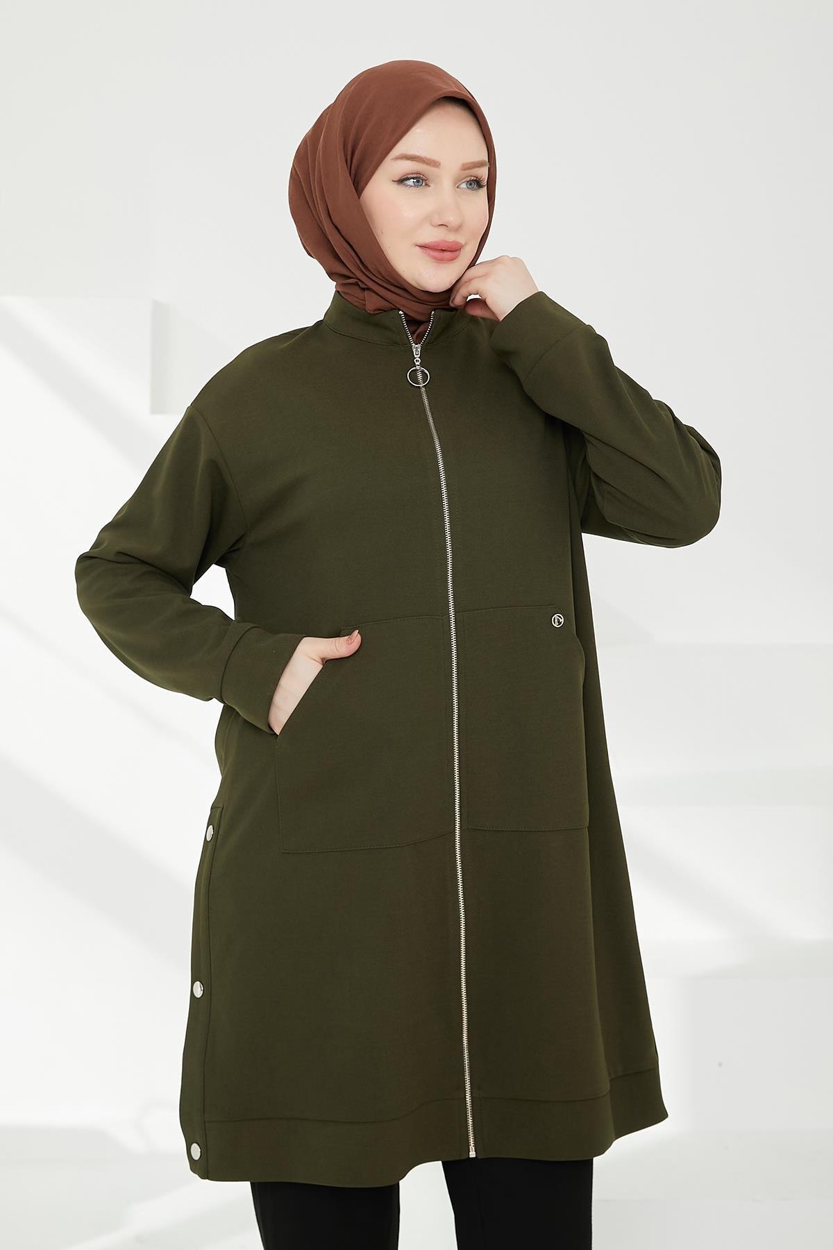 ARMİNE TREND Boydan Fermuarlı Cepli Tunik-Haki 24KT410