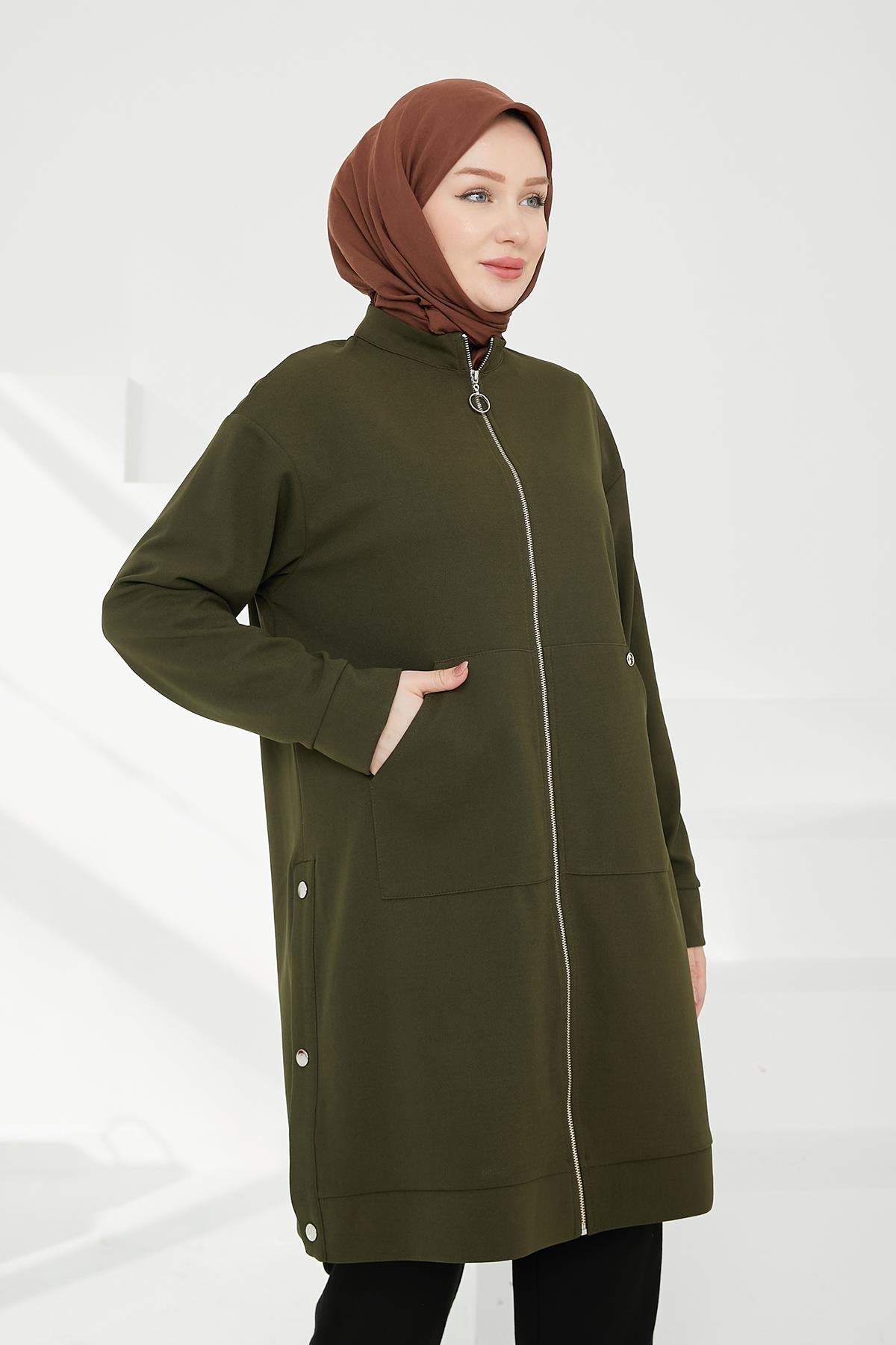ARMİNE TREND Boydan Fermuarlı Cepli Tunik-Haki 24KT410