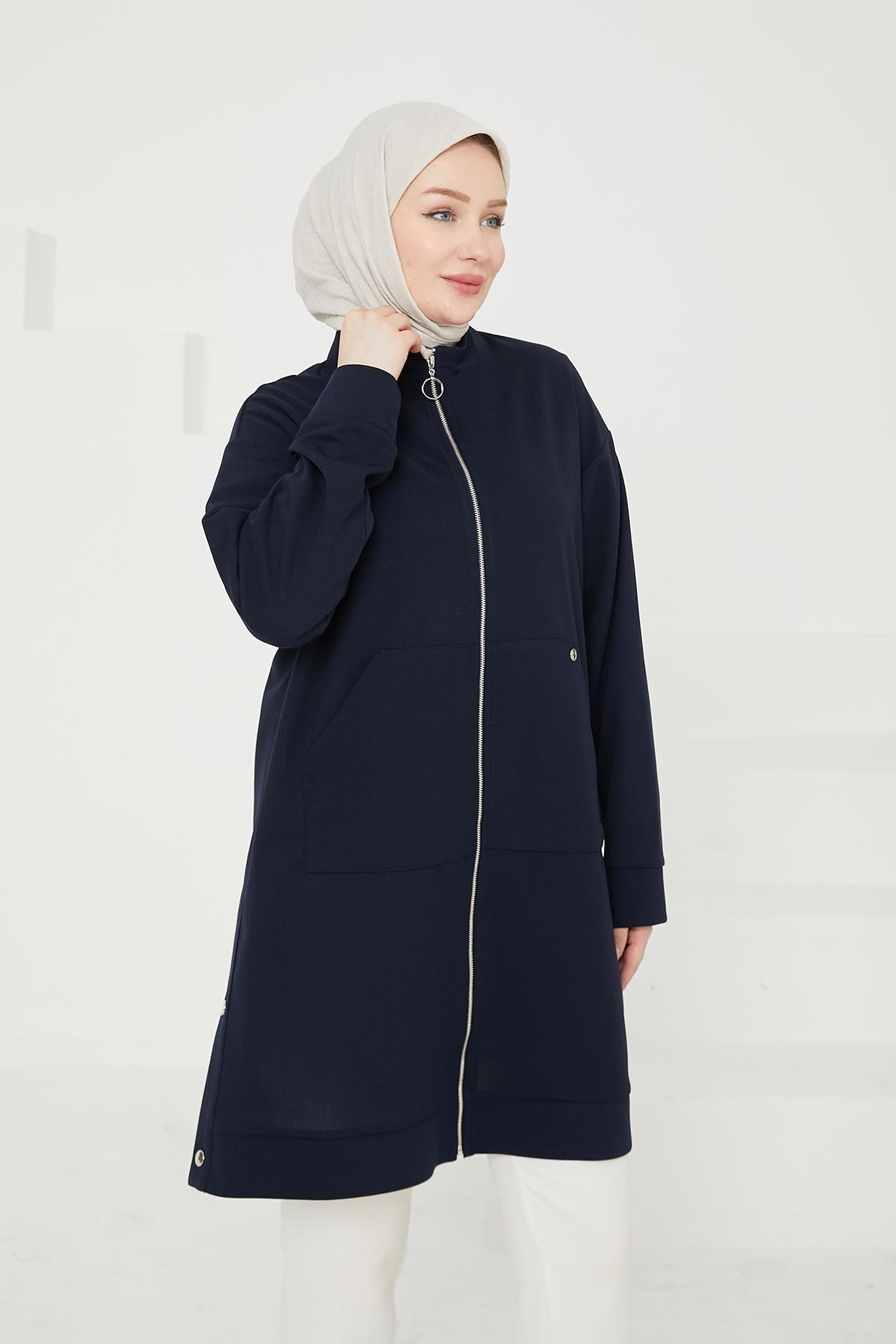 ARMİNE TREND Boydan Fermuarlı Cepli Tunik-Lacivert 24KT410