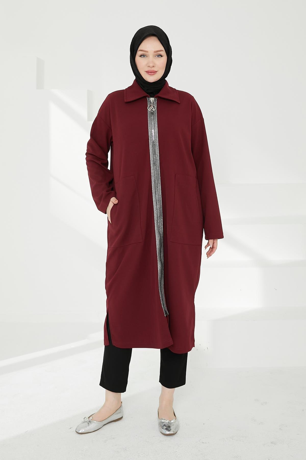 ARMİNE TREND Boydan Fermuarlı Giy Çık-Bordo 24KT412