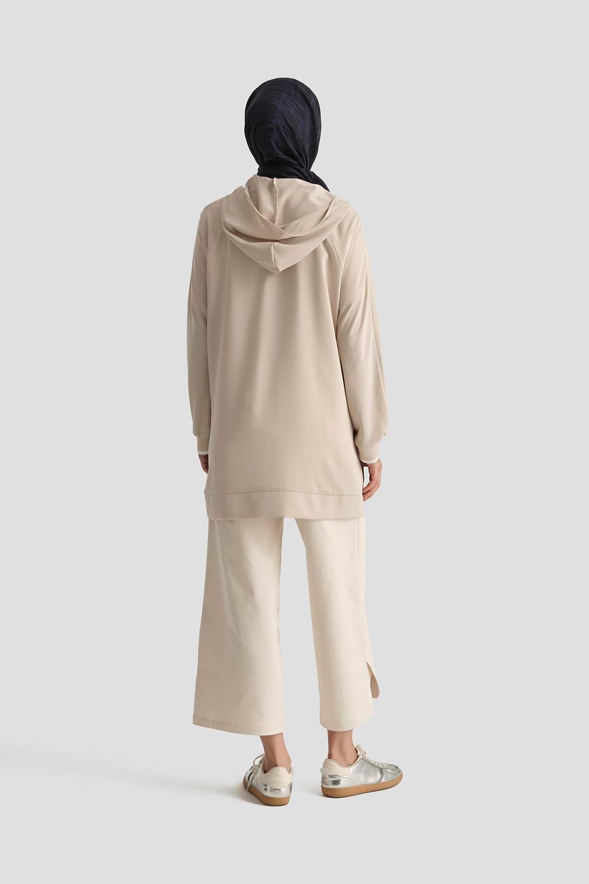 ARMİNE TREND Boydan Fermuarlı Kapüşonlu Tunik-Taş 25YT409